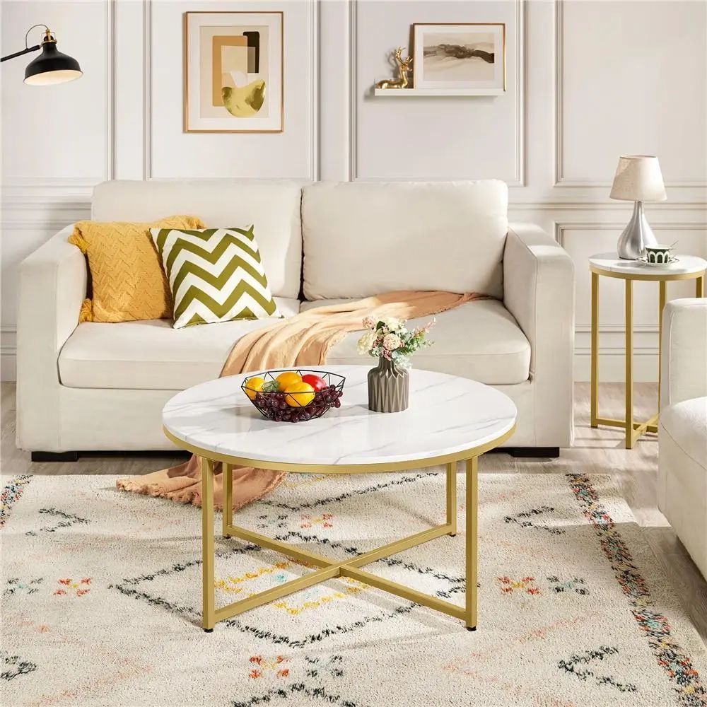 Coffee Table Faux Marble Top Gold Frame Modern Round Living Room Furniture  | Ebay Inside Modern Round Faux Marble Coffee Tables (Photo 13 of 15)