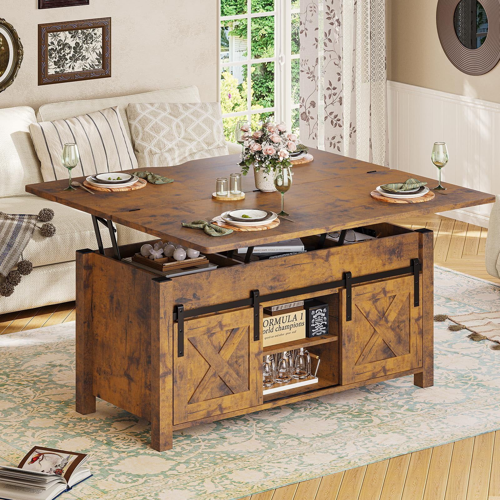 Coffee Table For Living Room, Farmhouse Lift Top Coffee Tables With Storage  And Hidden Compartment, Rising Tabletop Center Table For Living Room  Reception Room, Rustic Brown – Walmart Pertaining To Lift Top Coffee Tables With Hidden Storage Compartments (View 6 of 15)