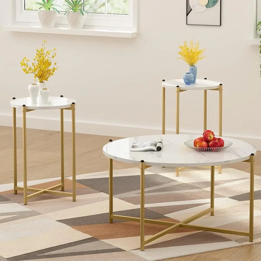 Coffee Table Set Of 3, Modern Round Coffee Table & 2Pcs End Table Faux  Marble Tabletop With Gold Cross Base Frame – Aliexpress Pertaining To Modern Round Faux Marble Coffee Tables (View 15 of 15)