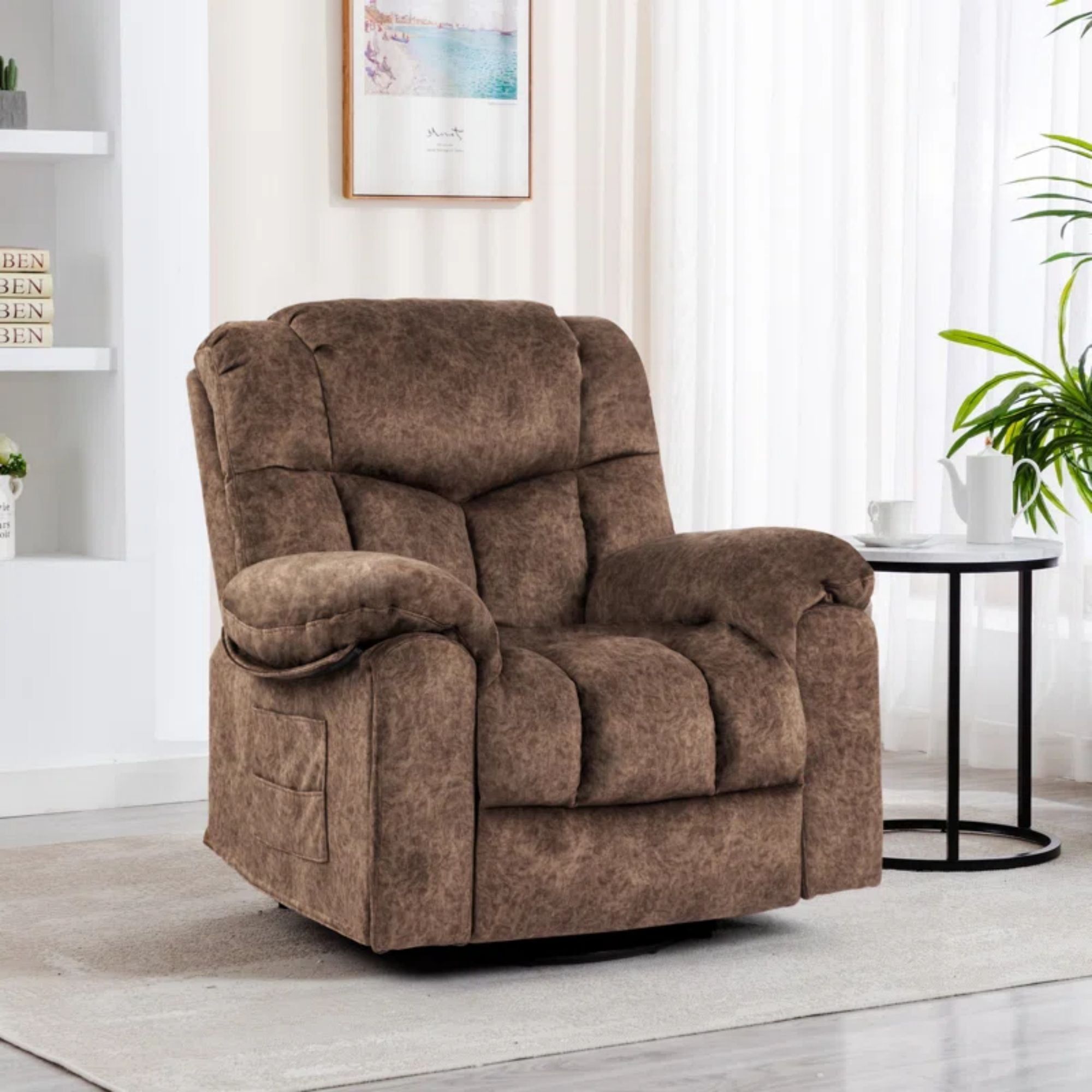 Colerline 35.43" Wide Modern Velvet Upholstered Heating & Massage Swivel  Reclining Rocker Chair With Hidden Cupholders For Living Room And Bedroom,  Brown – Walmart With Regard To Modern Velvet Upholstered Recliner Chairs (Photo 2 of 15)