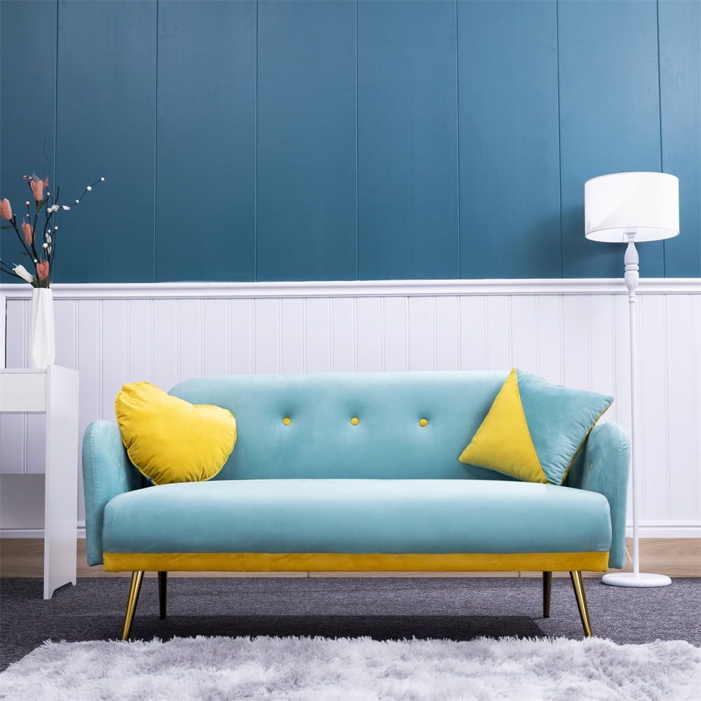 Comfy 58" Velvet Upholstered Loveseat Sofa With 2 Pillows, Modern Decor Love  Seats Furniture, Sofa 2 Seater For Small Space, Living Room, Bedroom,  Entertainment Place, Light Blue – Walmart Intended For Small Love Seats In Velvet (View 15 of 15)