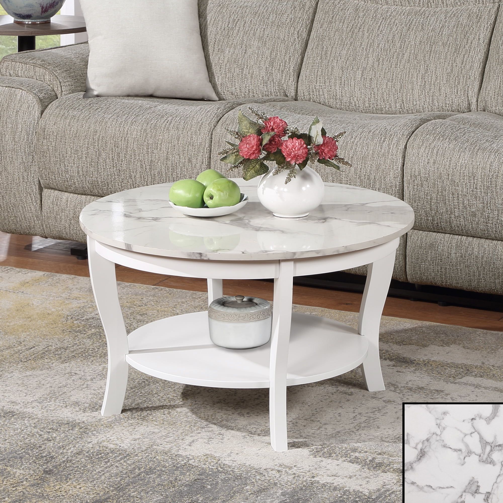 Convenience Concepts American Heritage Round Coffee Table With Shelf, White  Faux Marble/White – Walmart With Regard To American Heritage Round Coffee Tables (View 3 of 15)