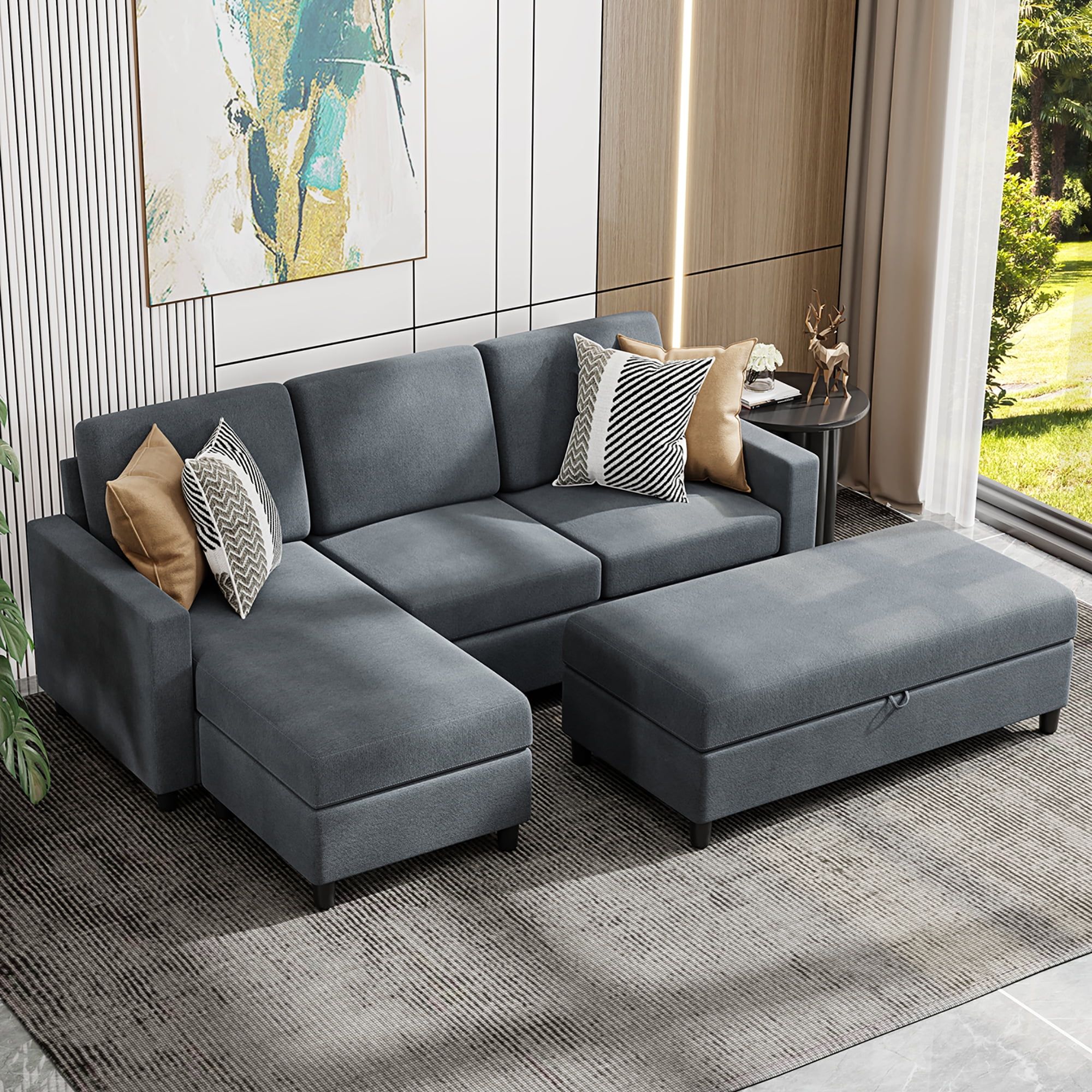Convertible Sectional Sofa Couch With Storage Ottoman, L Shaped Wide  Reversible Chaise With Linen Fabric(Charcoal Grey) – Walmart Pertaining To Sofas With Ottomans (View 7 of 15)
