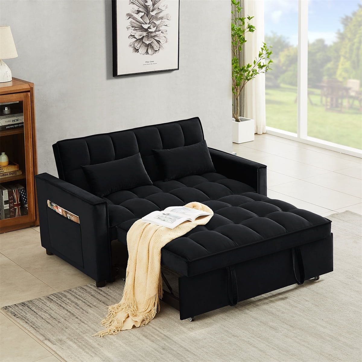 Convertible Sleeper Sofa Loveseat Sofa Bed Couch With Adjustable  Backrest,Modern Velvet 2 Seater Sofa With Pull Out Bed,Side Pocket And 2  Lumbar Pillows Lounge Chaise For Living Room Apartment,Black – Walmart With Regard To Black Velvet 2 Seater Sofa Beds (Photo 1 of 15)