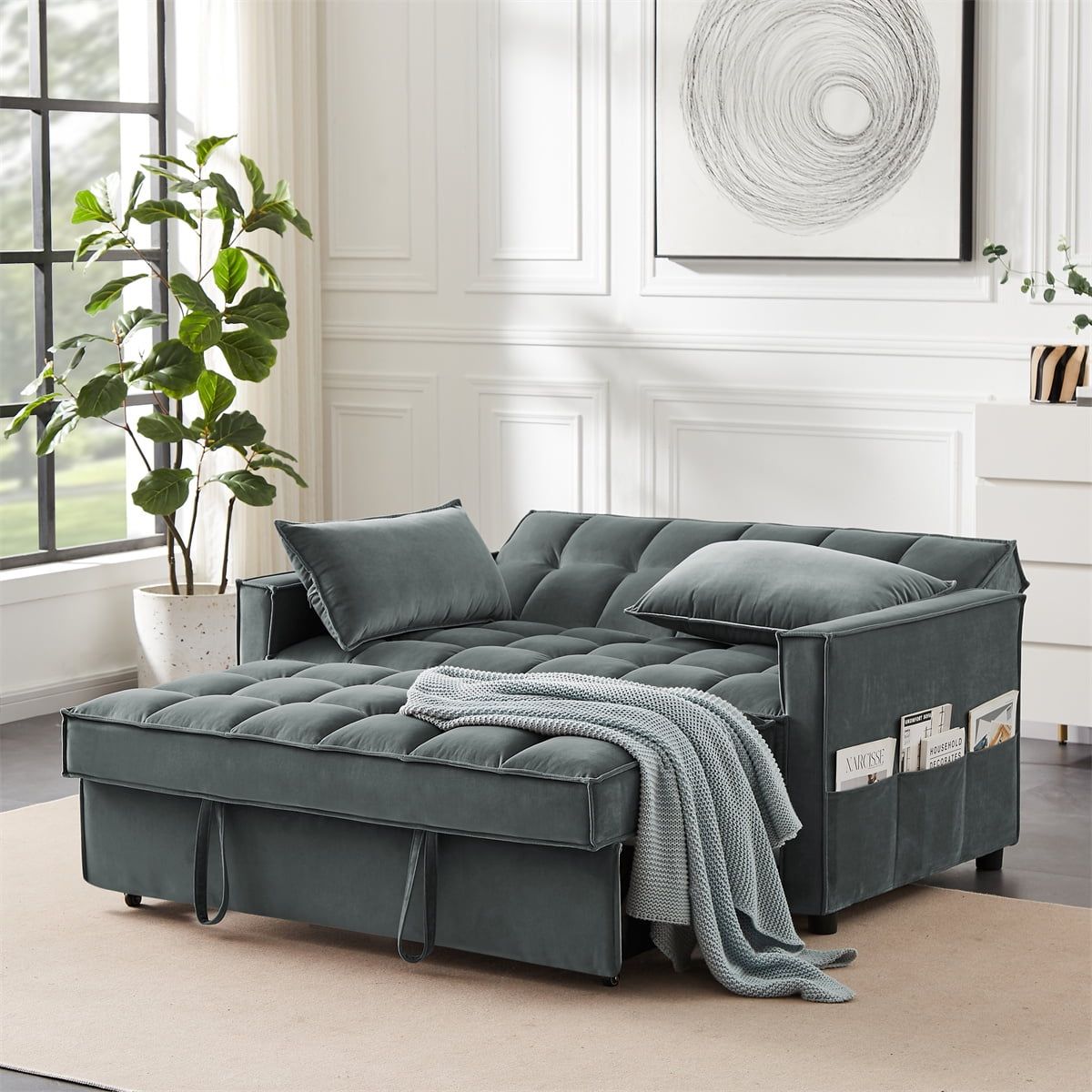 Convertible Sofa Bed With Adjustable Backrest, 2 Seater Loveseat Sofa With  Pull Out Bed, 2 In 1 Velvet Sleeper Couch With Storage Side Pocket For  Living Room Apartment Office, Gray – Walmart With Convertible Gray Loveseat Sleepers (View 10 of 15)