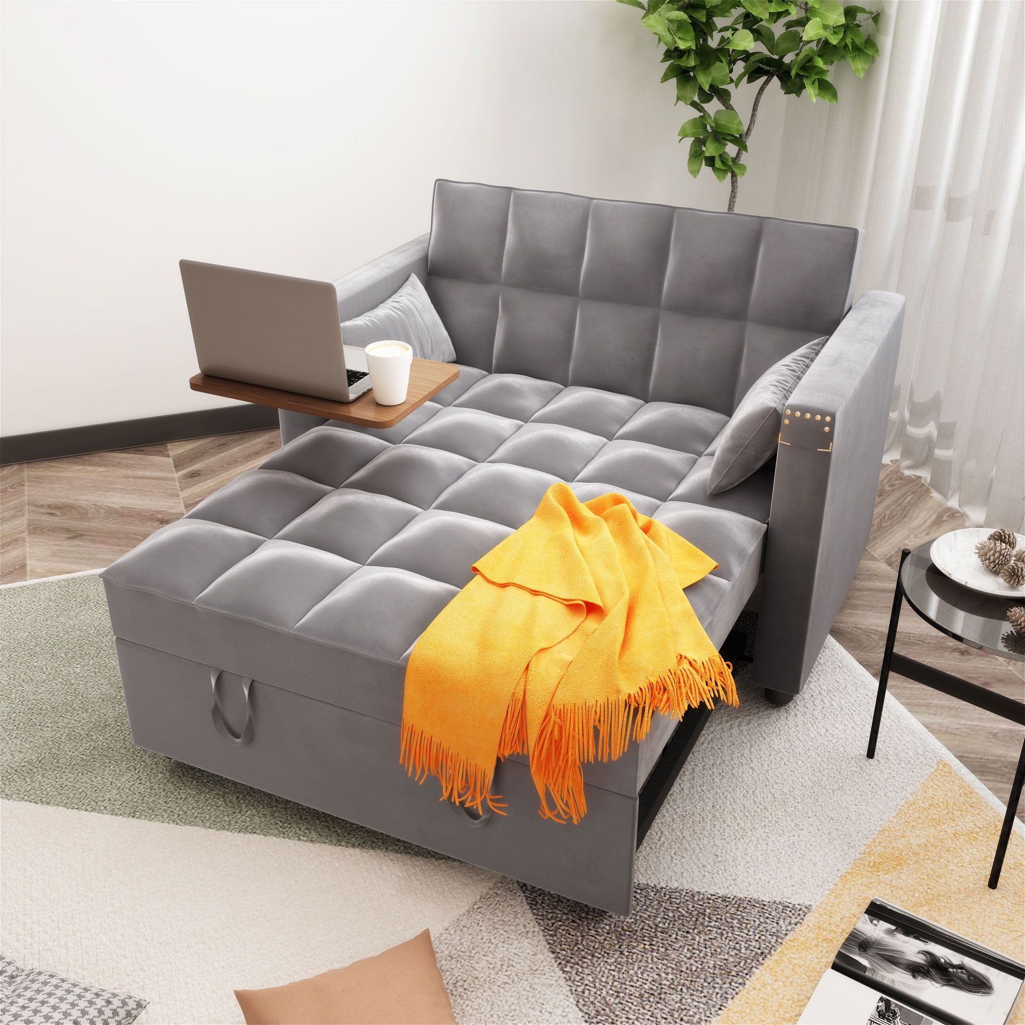 Convertible Velvet Sleeper Sofa Bed, Modern Sleeper Sofa With Pull Out Bed  And Side Coffee Table,Lounge Chaise Armchair With 2 Pillows For Home Office, Grey – Walmart For 3 In 1 Gray Pull Out Sleeper Sofas (View 13 of 15)