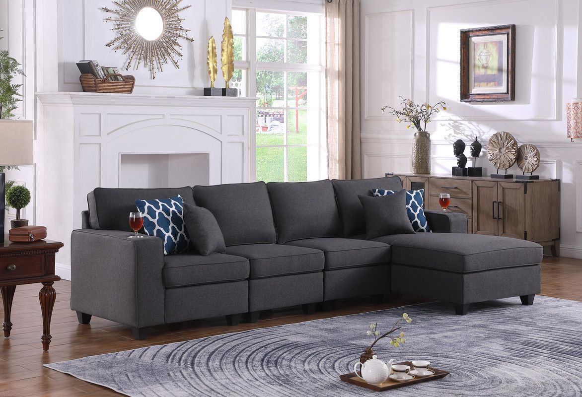Cooper Dark Gray Linen 4Pc Sectional Sofa Chaise With Cupholderlilola  Home | 1Stopbedrooms With Dark Gray Sectional Sofas (Photo 8 of 15)