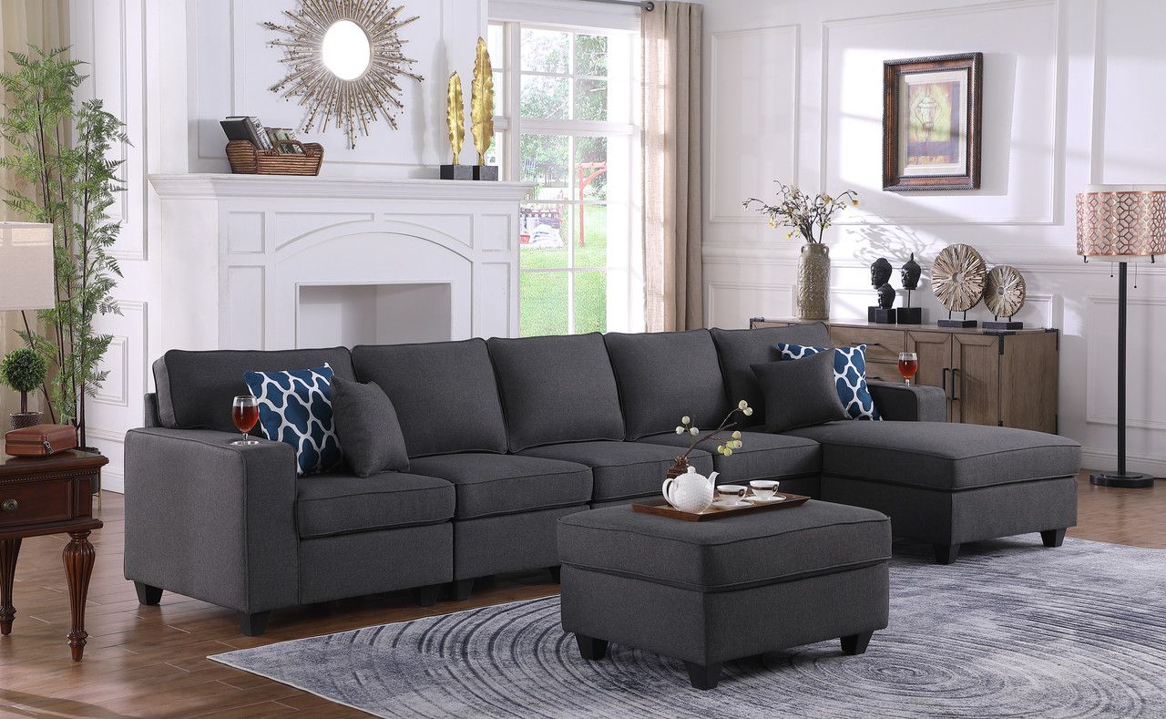 Cooper Dark Gray Linen 6Pc Sectional Sofa Chaise With Ottoman And Cupholder  89132 7Alilola Home | 1Stopbedrooms Throughout Navy Linen Coil Sofas (View 13 of 15)