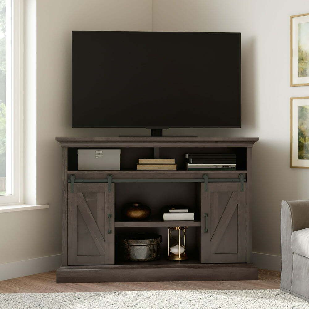 Corner Tv Stand Barn Door Up To 55 Inch Flat Screen With Open Shelves Brown  | Ebay Throughout Tv Stands With 2 Doors And 2 Open Shelves (View 11 of 15)