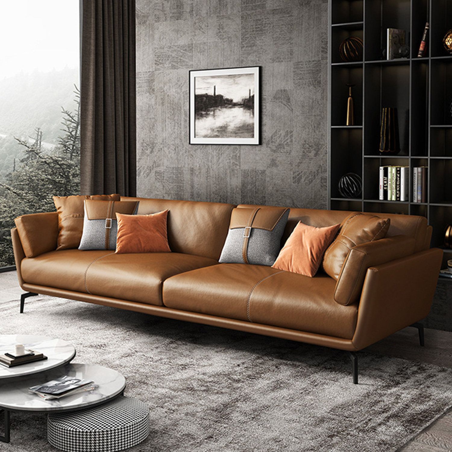 Corrigan Studio® Italian Minimalist 78.74"Cowhide Genuine Leather Orange 3 Seat  Sofa For Living Room & Reviews | Wayfair Throughout Modern 3 Seater Sofas (Photo 9 of 15)