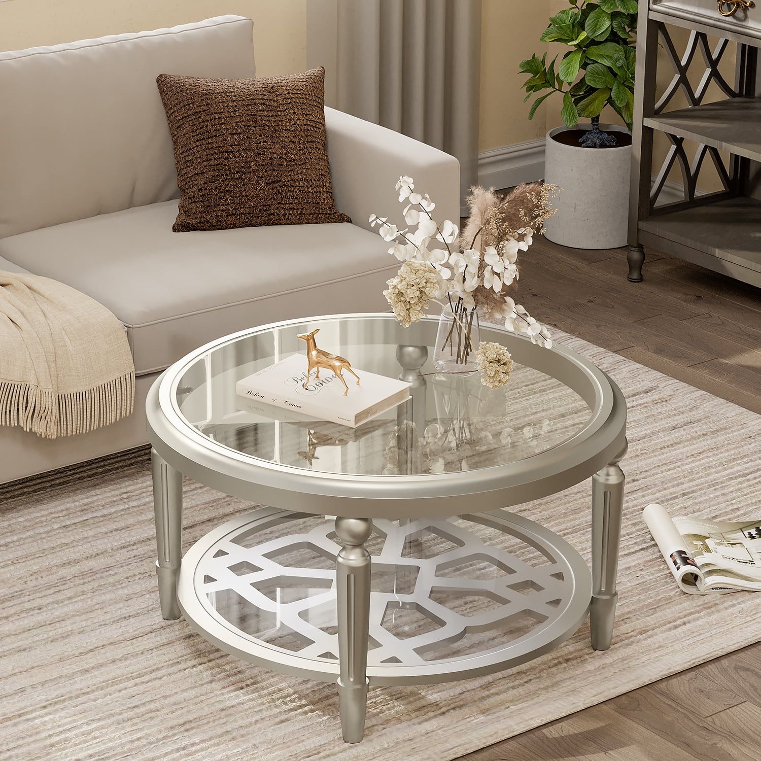 Cosiest Champagne Double Tempered Glass Round Coffee Table – Walmart Pertaining To Wood Tempered Glass Top Coffee Tables (View 9 of 15)