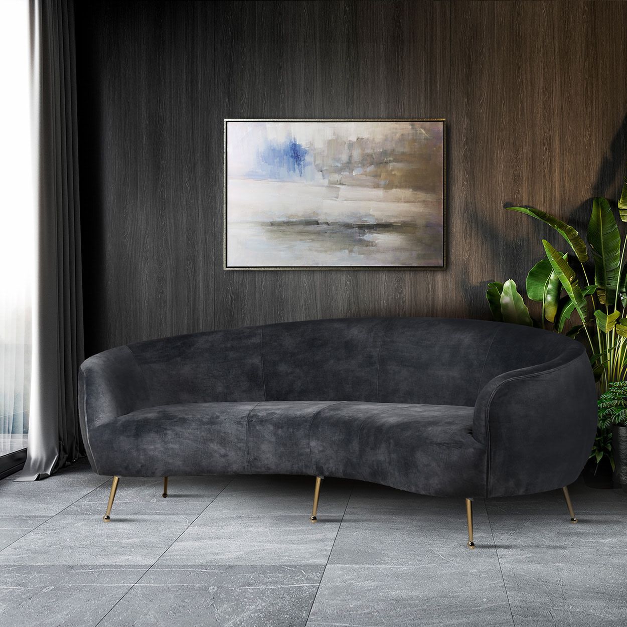 Cosmo Grey Velvet Polyester Curved Sofa With Gold Legs | Nicky Cornell Regarding Dark Grey Polyester Sofa Couches (View 8 of 15)