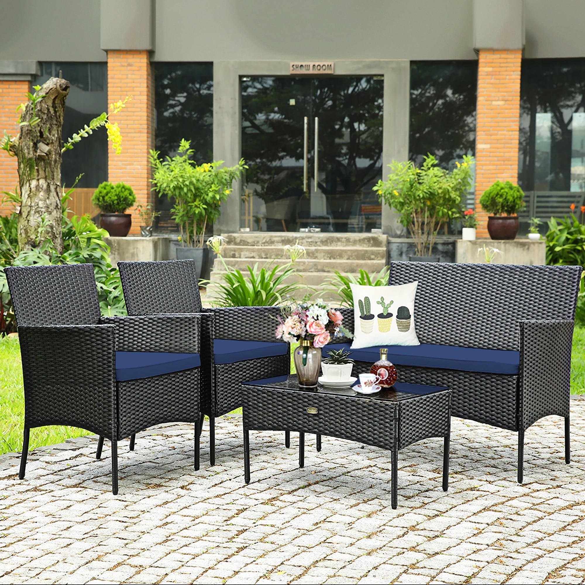 Costway 4Pcs Patio Wicker Furniture Set Coffee Table Cushions W/Off White &  Navy Cover – Walmart Throughout 4Pcs Rattan Patio Coffee Tables (View 5 of 15)