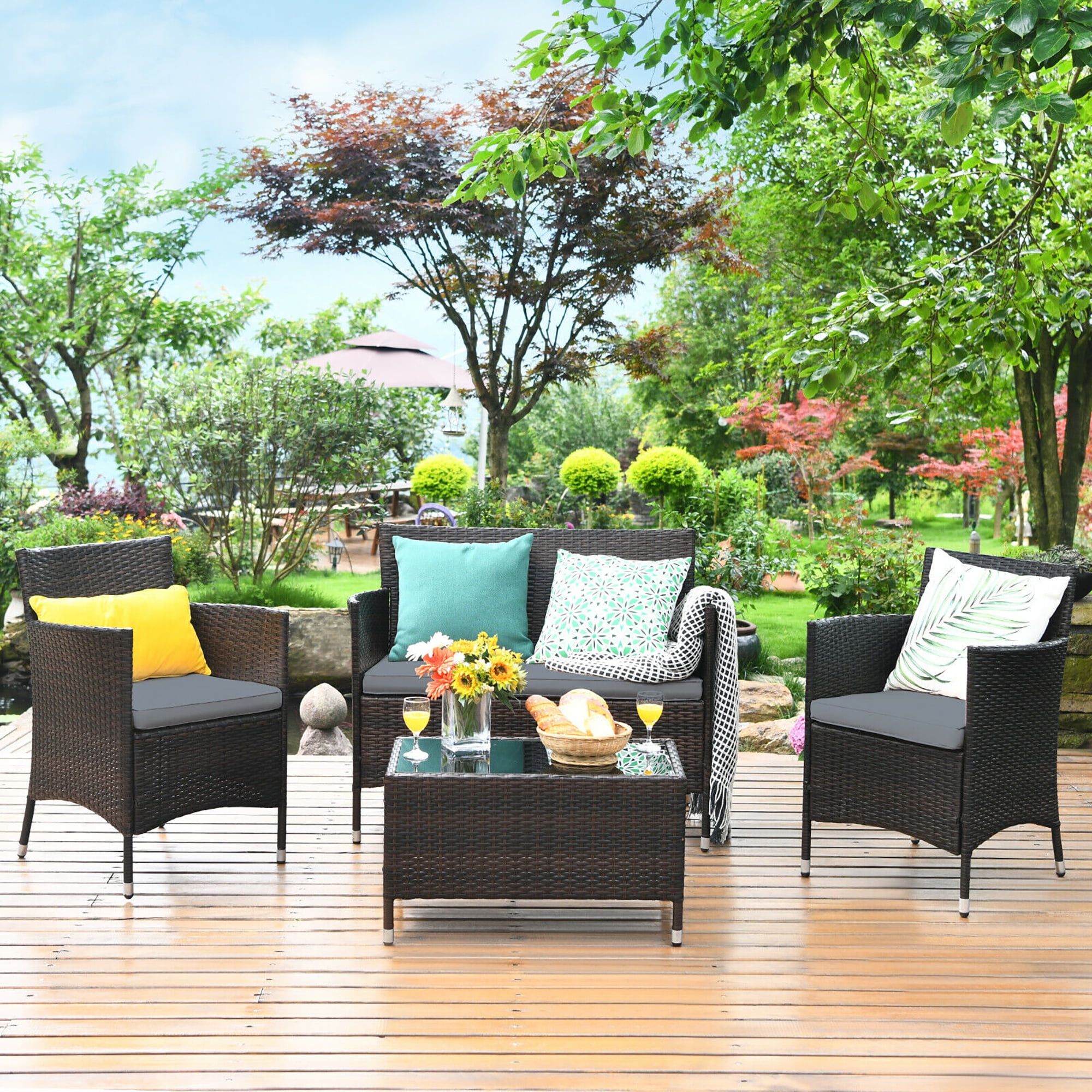 Costway 4Pcs Rattan Patio Cushioned Sofa Chair Coffee Table Turquoise –  Walmart In 4Pcs Rattan Patio Coffee Tables (Photo 3 of 15)