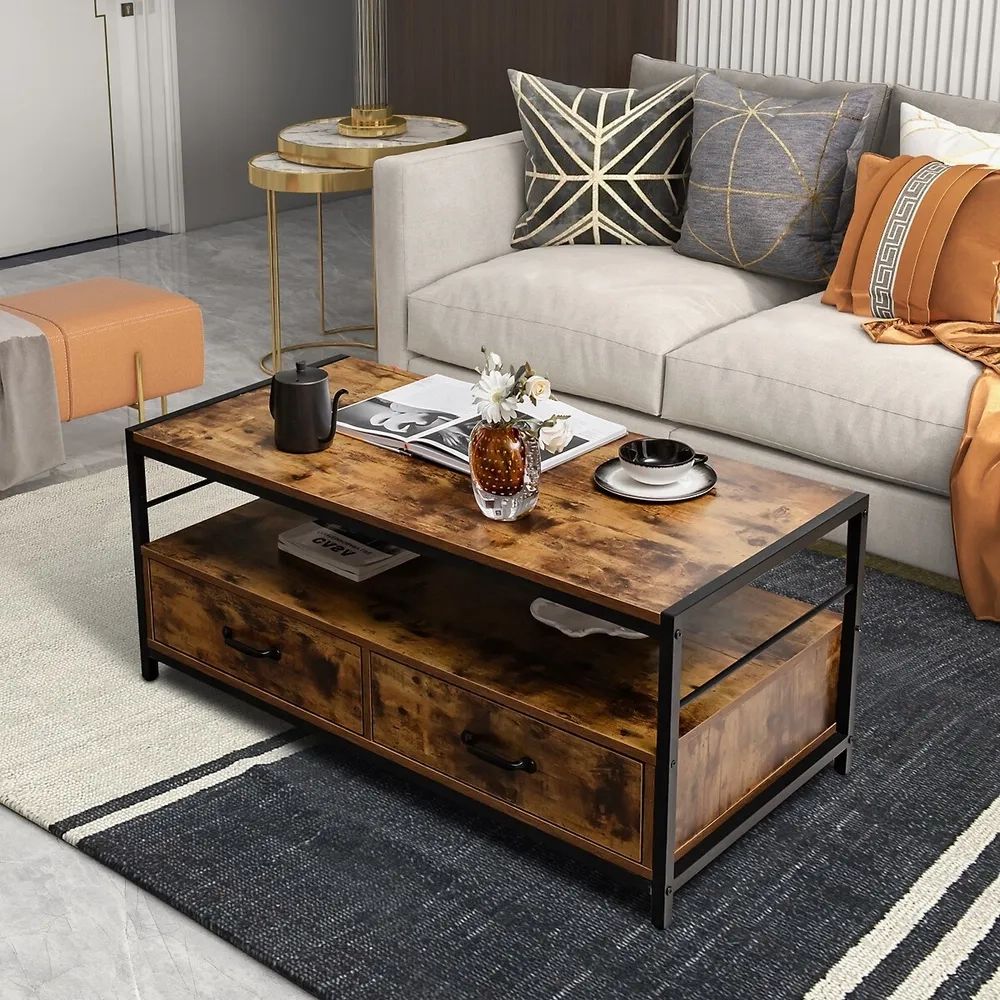 Costway Coffee Table With Storage Drawers& Shelf Coffee Table With Metal  Frame For Living Room | Galeries De La Capitale Inside Metal 1 Shelf Coffee Tables (View 14 of 15)