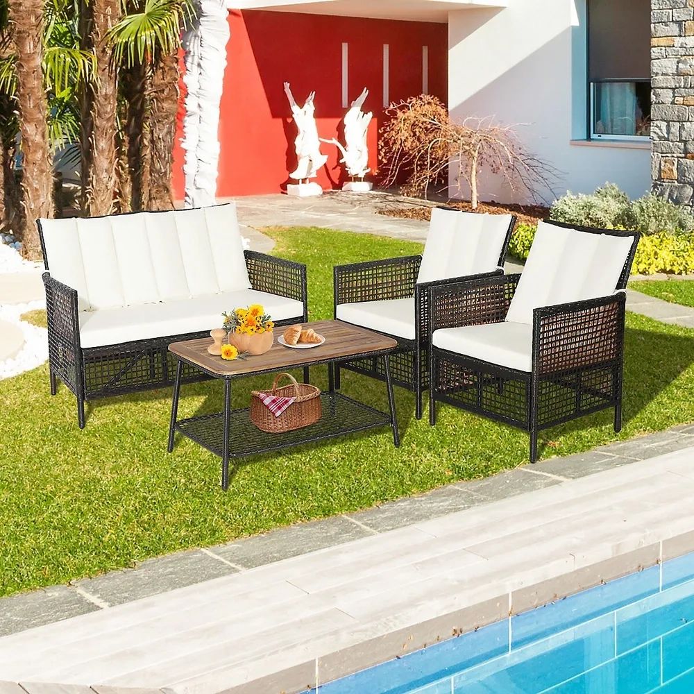 Costway Patiojoy 4Pcs Patio Rattan Furniture Set Cushioned Chairs Wood Table  Top W/Shelf | Scarborough Town Centre For 4Pcs Rattan Patio Coffee Tables (View 12 of 15)
