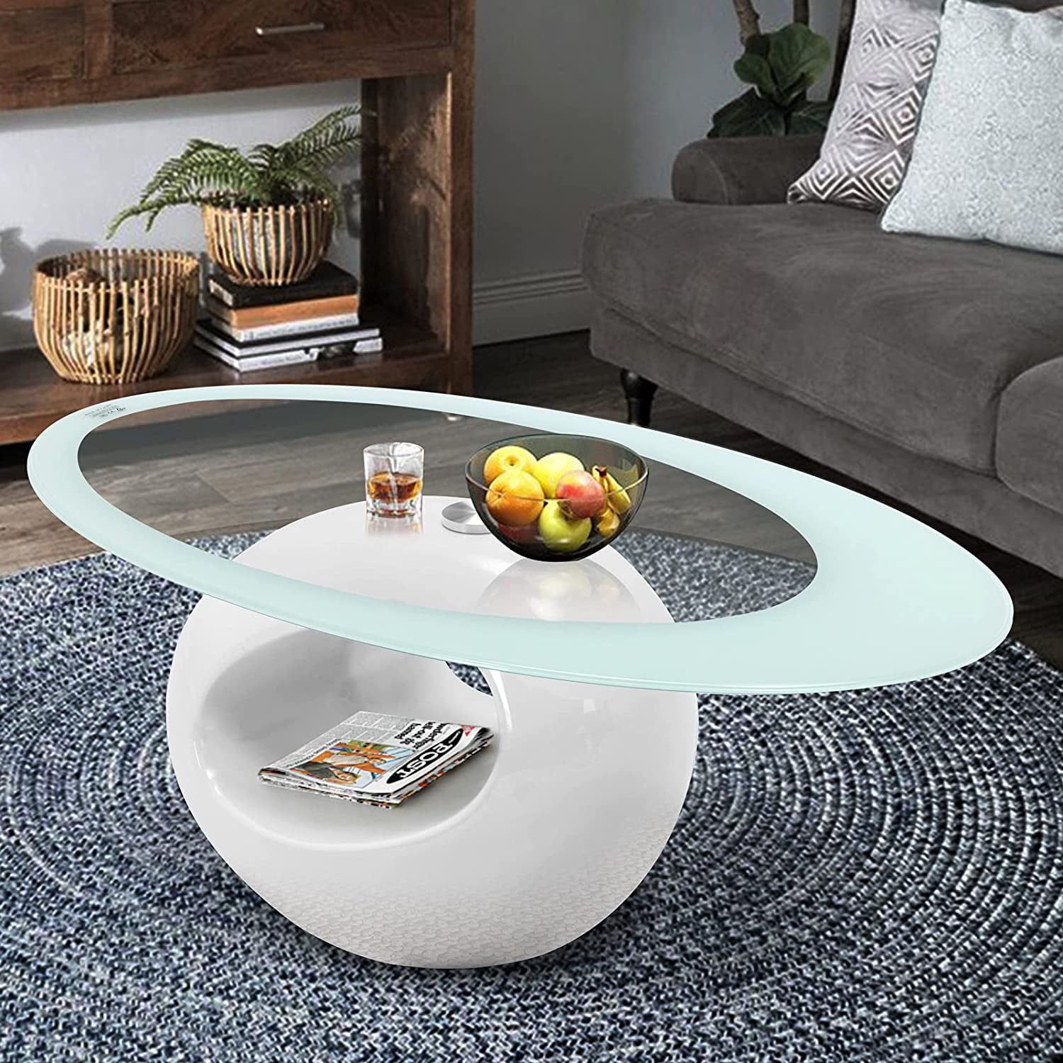 Cosvalve Oval Glass Coffee Table W/ High Gloss White Hollow Base –  Walmart Regarding Oval Glass Coffee Tables (View 15 of 15)