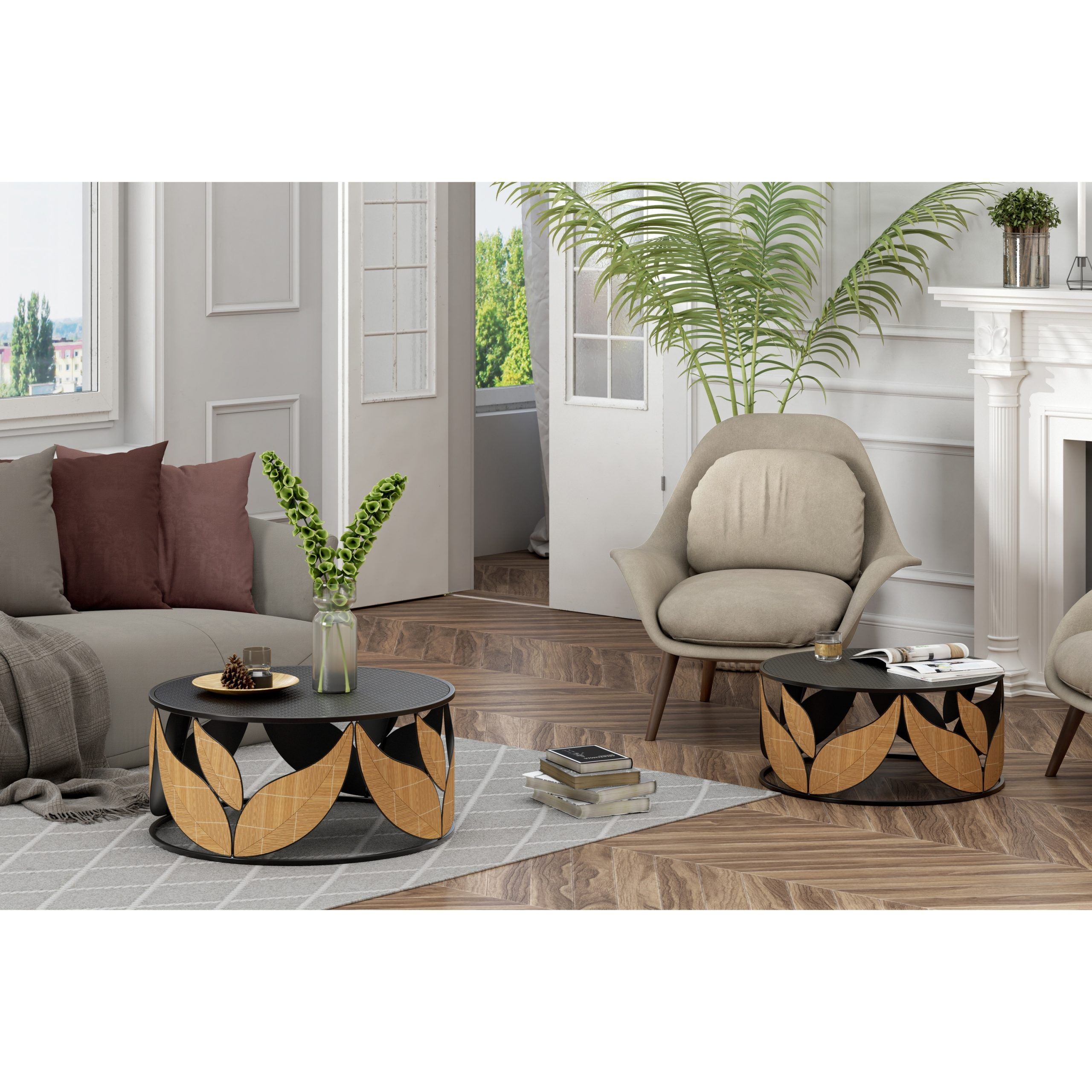 Cozayh Modern Farmhouse Coffee Table Set Of 2, Round Coffee Table  Fully Assembled Table With Leaf Decoration For Living Room – On Sale – Bed  Bath & Beyond – 37164437 Intended For Modern Farmhouse Coffee Table Sets (View 12 of 15)