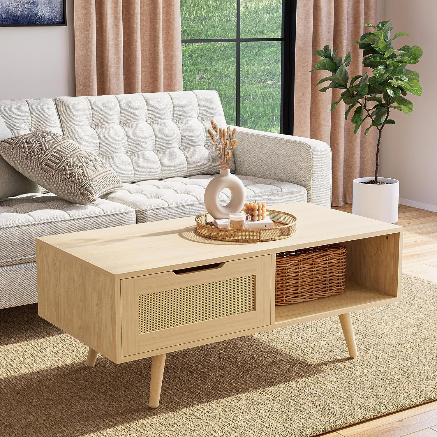 Cozy Castle Boho Coffee Table With Storage, 39'' Rattan Living Room Tables  With Solid Legs, Mid Century Modern Coffee Table For Living Room, Oak –  Walmart With Coffee Tables With Solid Legs (Photo 1 of 15)