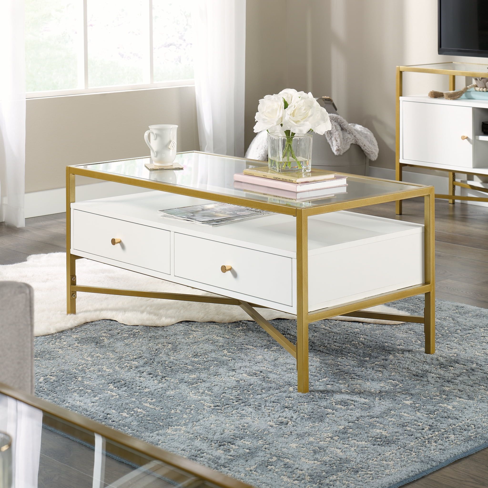 Curiod Glass Top Gold Metal Rectangular Coffee Table With Storage, White  Finish – Walmart For Glass Top Coffee Tables (Photo 11 of 15)
