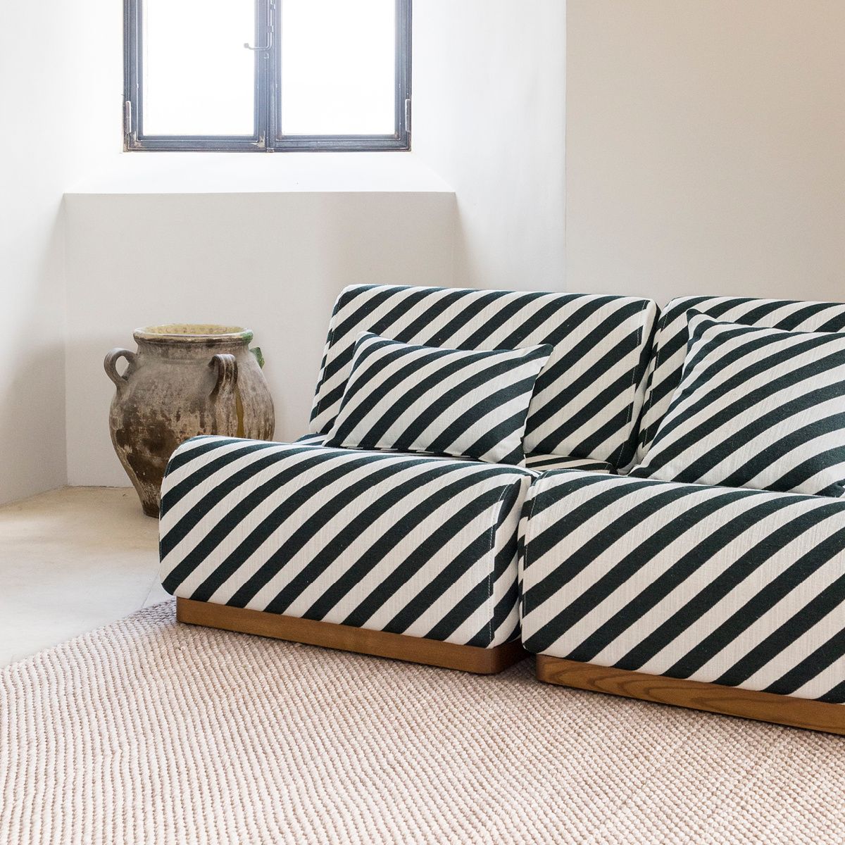 Dark Green Stripes Wood Base Sofa – Rotondo – The Socialite Family Within Sofas In Pattern (Photo 15 of 15)