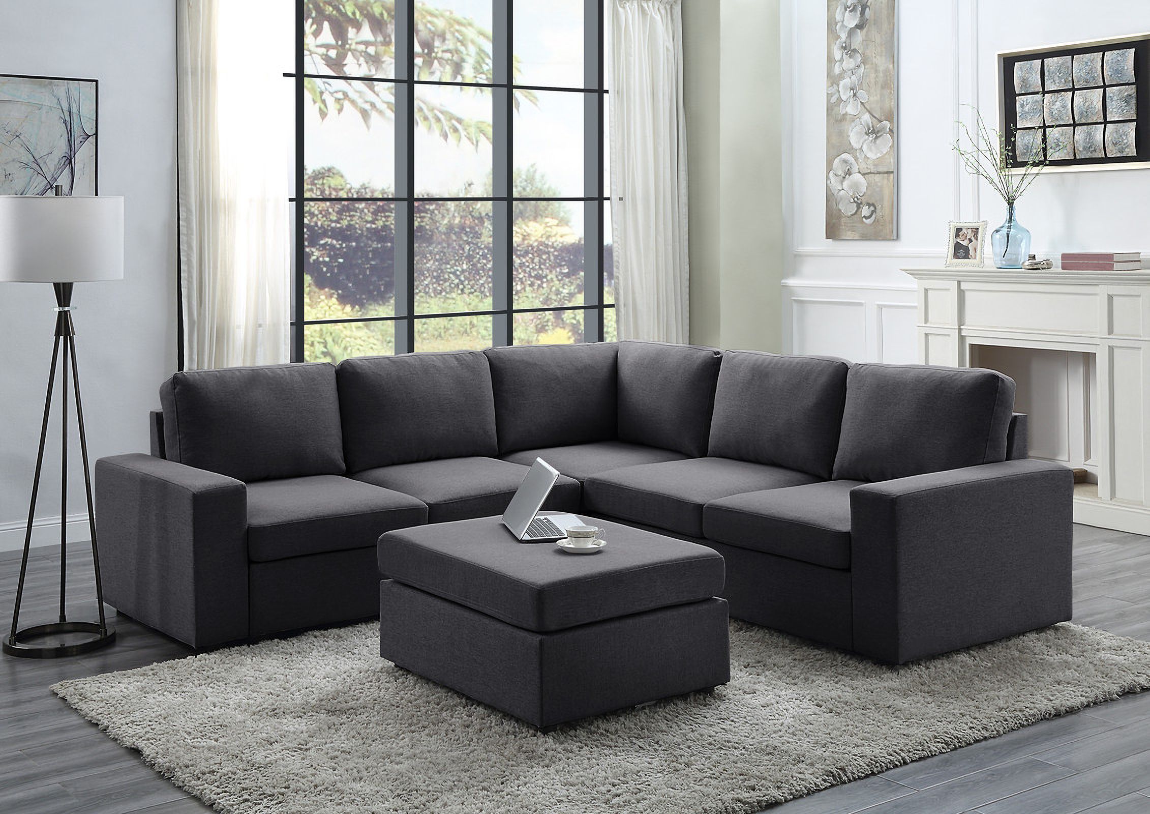 Decker Sectional Sofa With Ottoman In Dark Gray Linenlilola Home |  1Stopbedrooms With Regard To Dark Gray Sectional Sofas (View 5 of 15)
