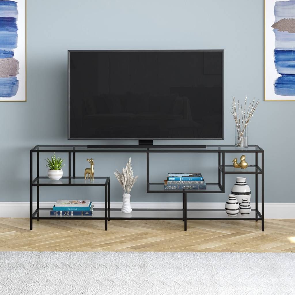Deveraux Rectangular Tv Stand With Glass Shelves For Tv'S Up To 75" In  Blackened Bronze – Hudson And Canal Tv1764 Intended For Glass Shelves Tv Stands (Photo 14 of 15)