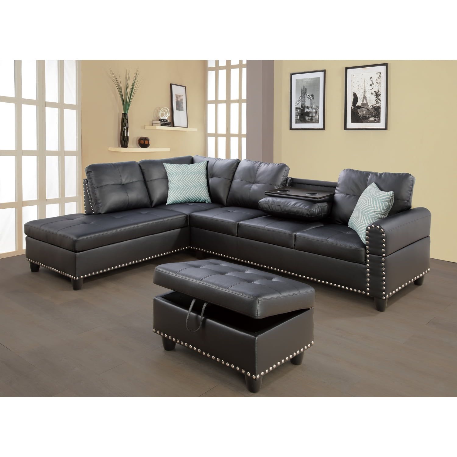 Devion Furniture Faux Leather Sectional Sofa With Ottoman Black –  Walmart For Faux Leather Sectional Sofa Sets (View 6 of 15)