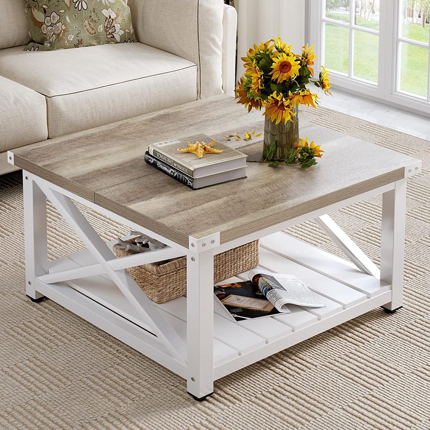 Dextrus Farmhouse Coffee Table For Living Room, Square Wood Coffee Table  With Open Storage Shelf – Walmart In Living Room Farmhouse Coffee Tables (View 5 of 15)