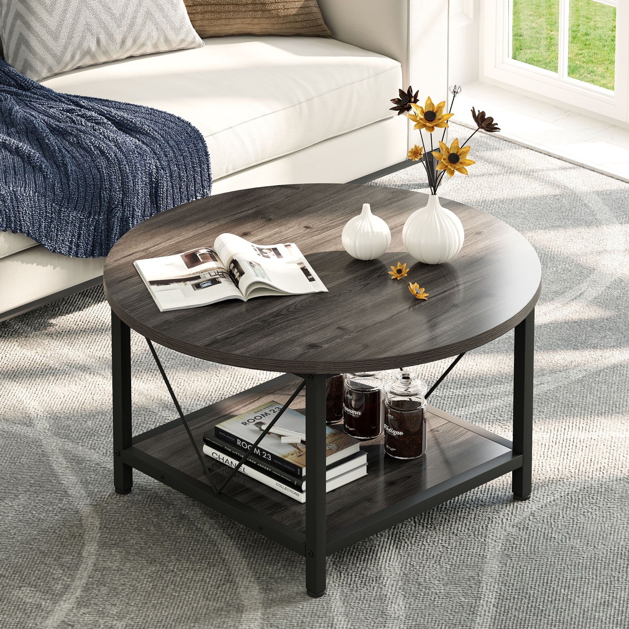Dextrus Round Coffee Table With Storage, Rustic Living Room Tables With  Sturdy Metal Legs, Brown – Walmart Intended For Round Coffee Tables With Storage (View 9 of 15)