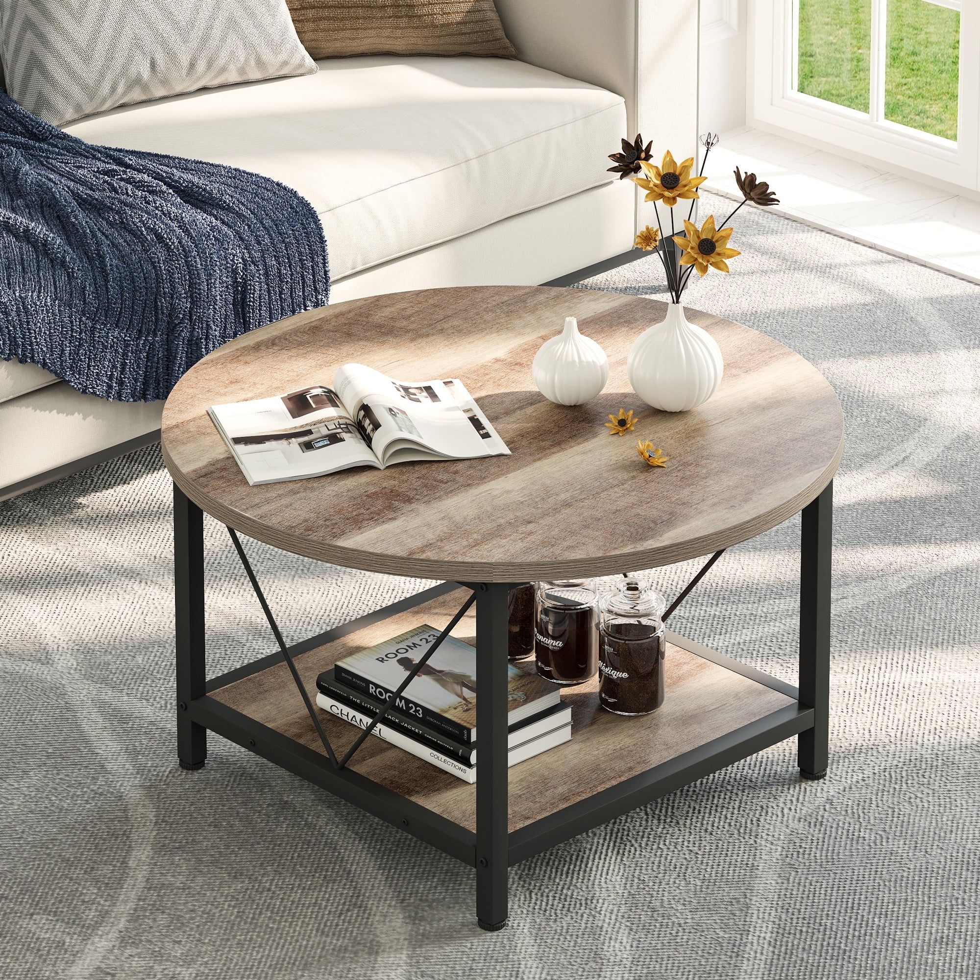 Dextrus Round Coffee Table With Storage, Rustic Living Room Tables With  Sturdy Metal Legs, Gray Wash – Walmart Pertaining To Round Coffee Tables With Storage (View 5 of 15)