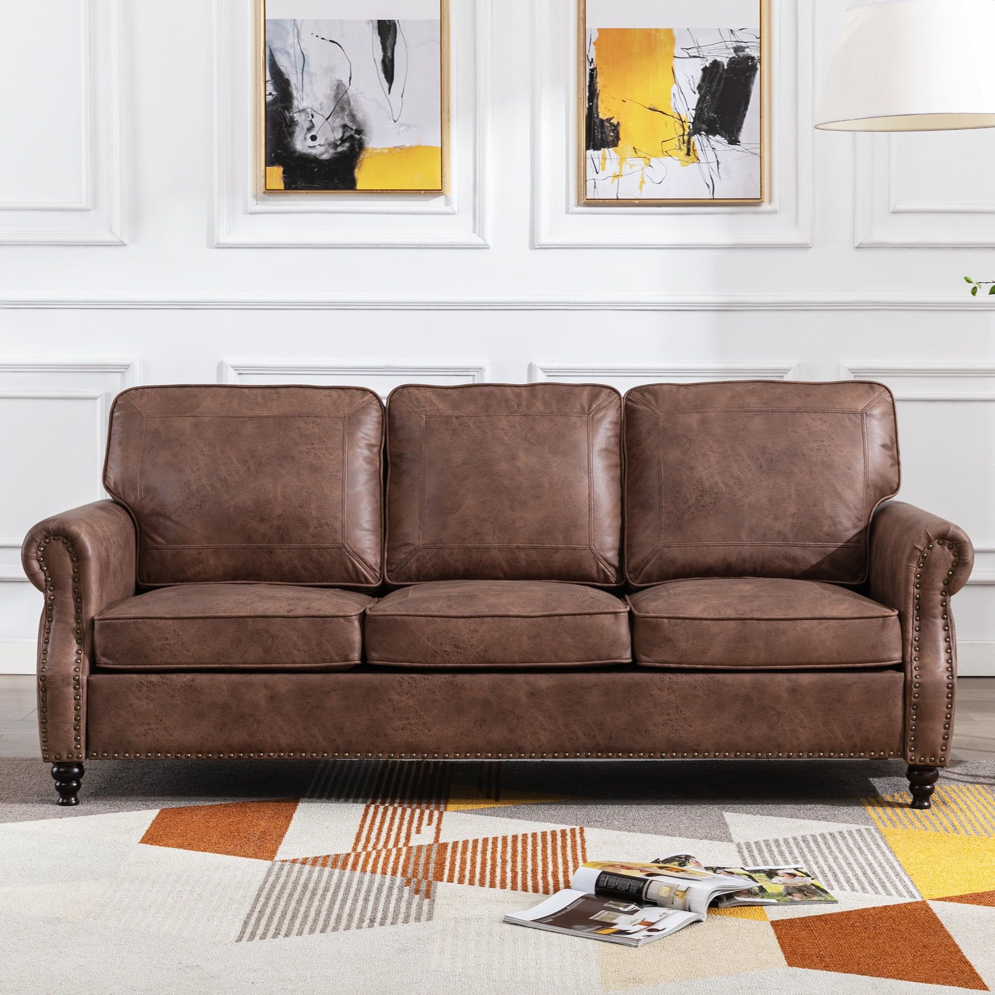 Dreamsir 80" Faux Leather Sofa Couch – Traditional 3 Seater With Nailhead  Trim, Rolled Arms, And Easy Assembly (Dark Brown) – Walmart Throughout Faux Leather Sofas In Chocolate Brown (Photo 1 of 15)