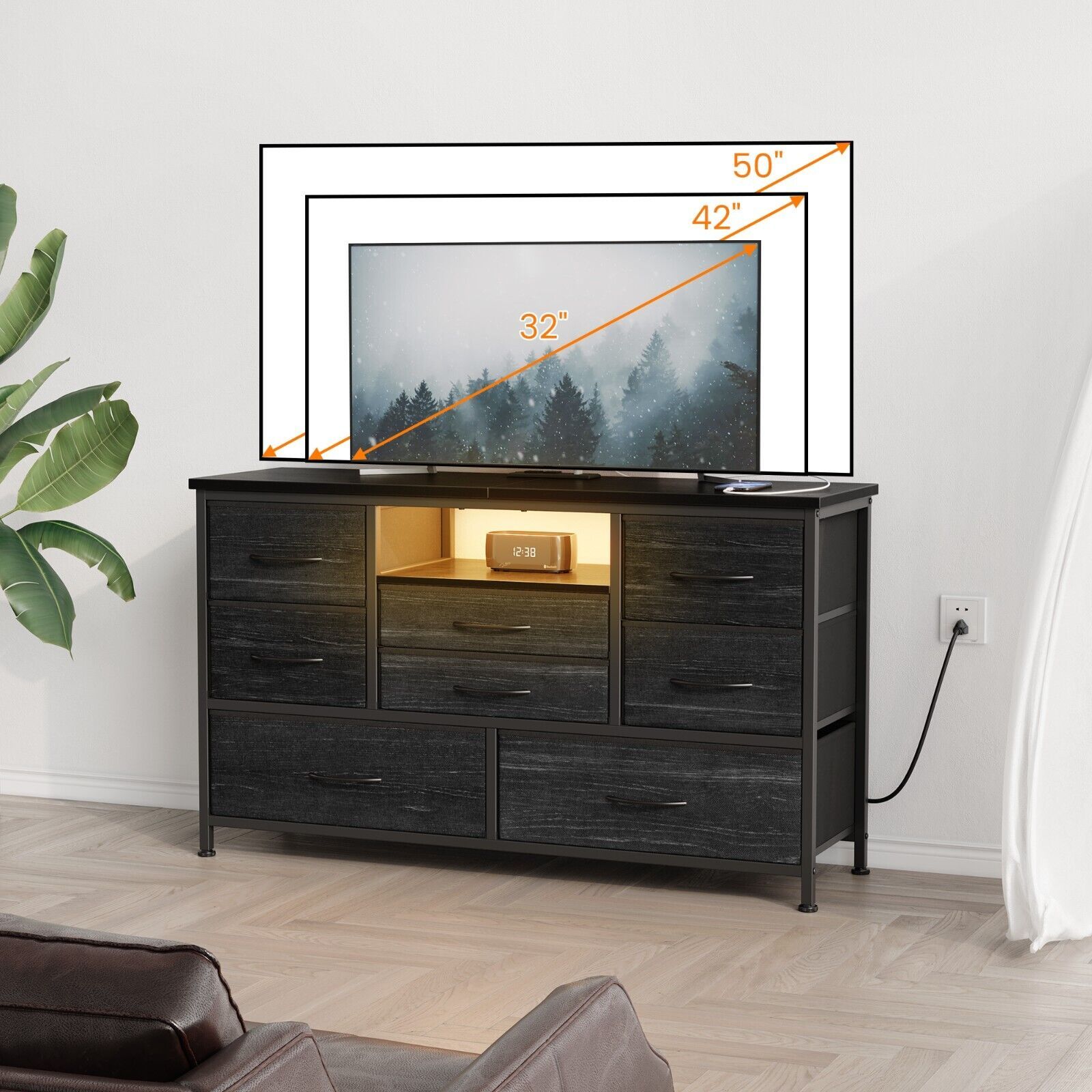 Dresser Tv Stand With Led Light Power Outlet Bedroom Chest Of Drawer For  55'' Tv | Fabricating And Metalworking For Led Tv Stands With Outlet (View 15 of 15)