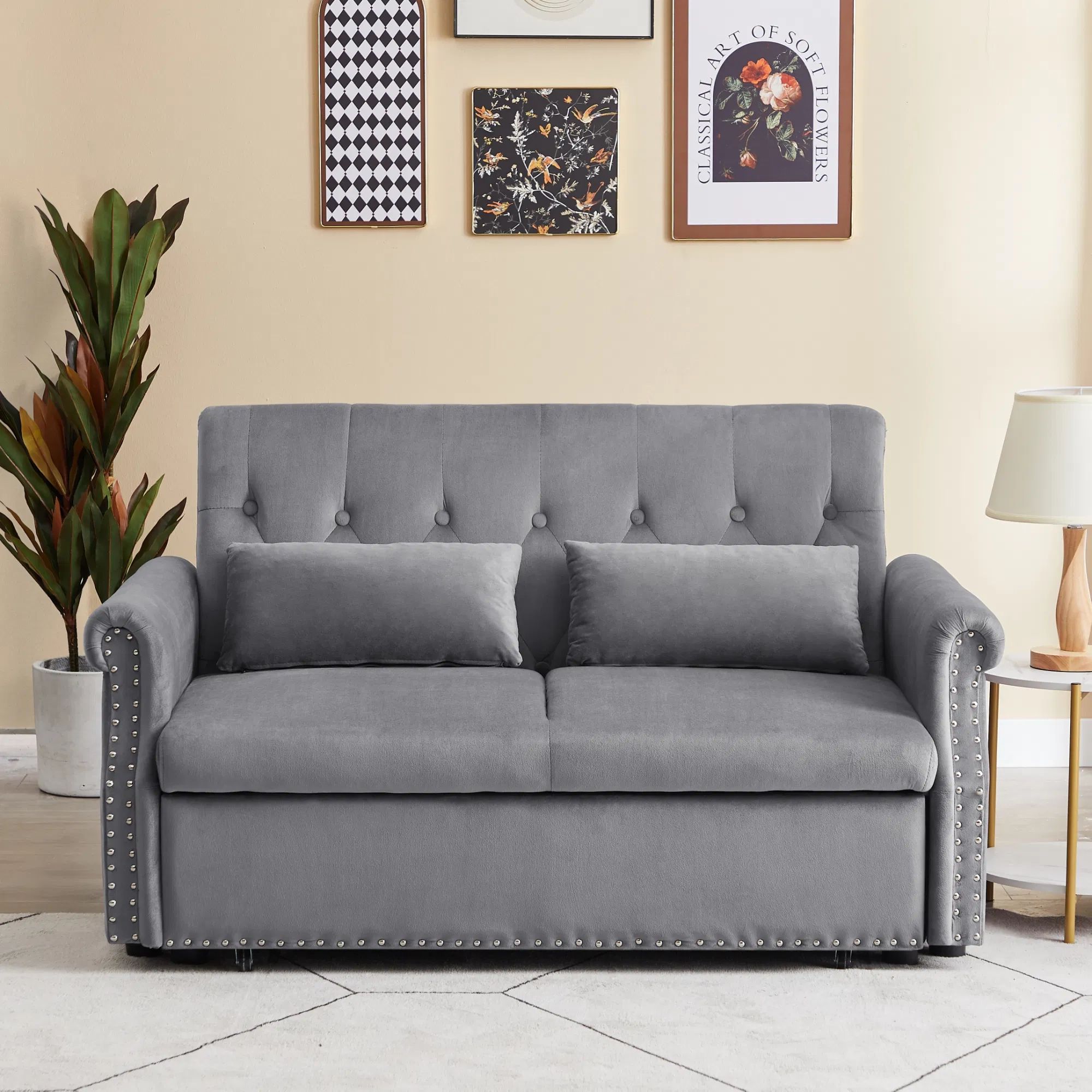 Dropship Artemax 55'' Modern Shiny Velvet Convertible Loveseat Sleeper Sofa  Couch W/ 2 Lumbar Pillows, Adjustable Pull Out Bed And Removable Armrest  For Nursery, Living Room, Apartment, Home Office To Sell Online At Inside Convertible Gray Loveseat Sleepers (View 11 of 15)