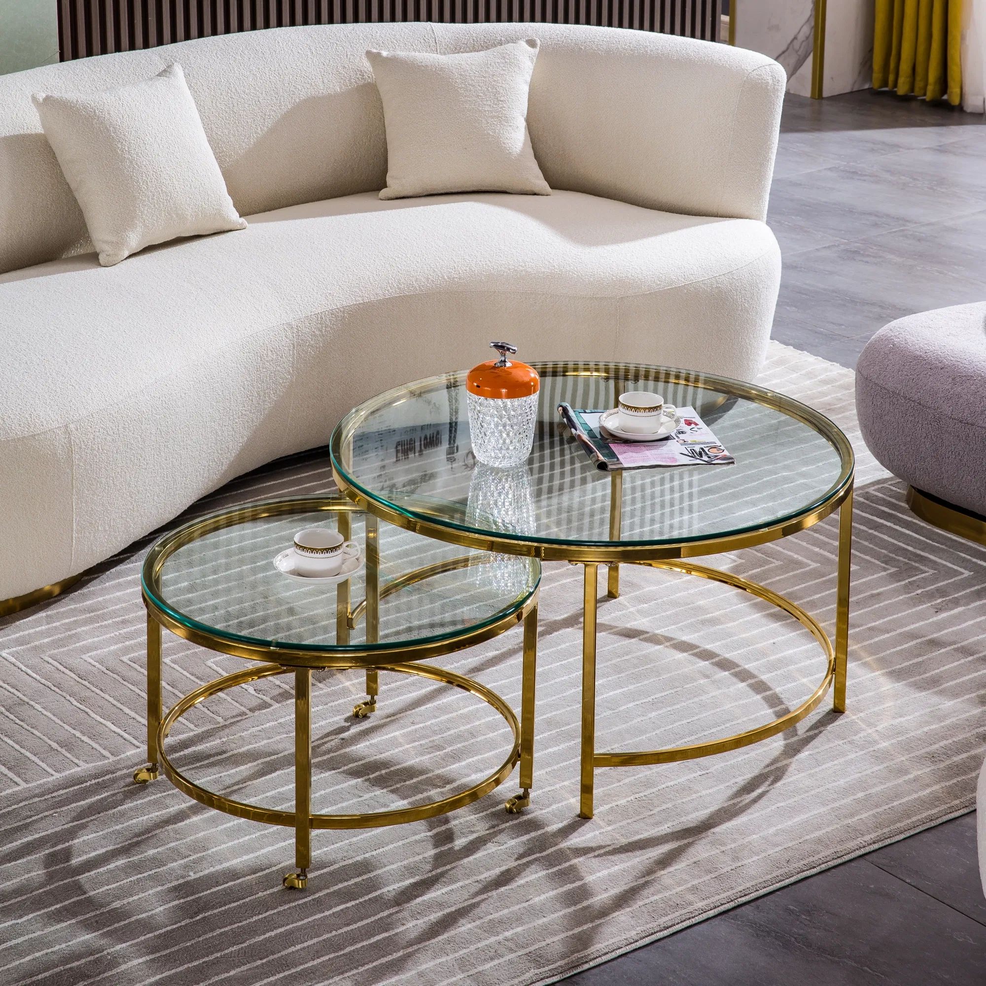 Dropship Modern Nesting 10Mm/0.39" Clear Tempered Glass Coffee Table  Set Of 2; Round End Table With Gold Finish Metal Base For Living Room To  Sell Online At A Lower Price | Doba Regarding Tempered Glass Coffee Tables (Photo 13 of 15)