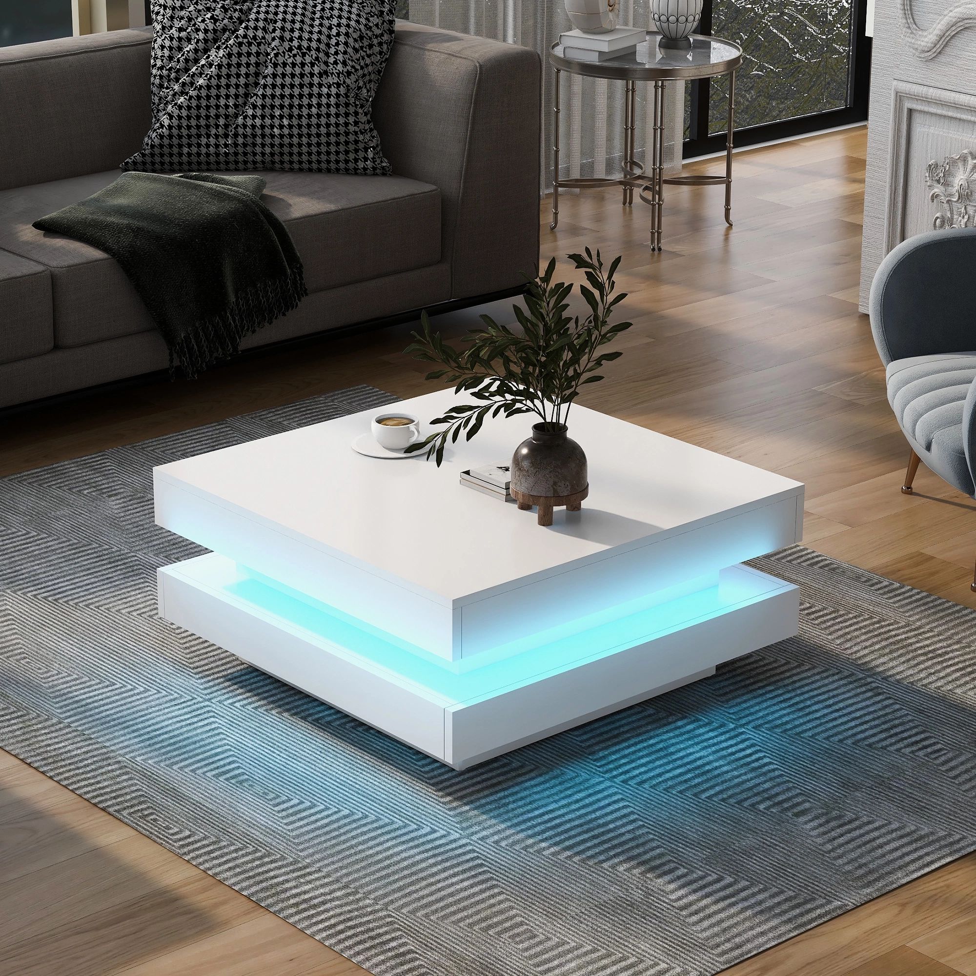 Dropship On Trend High Gloss Minimalist Design With Plug In 16 Color Led  Lights, 2 Tier Square Coffee Table, Center Table For Living Room,  31.5''X31.5''X14.2'', White To Sell Online At A Lower Price | Doba Pertaining To Coffee Tables With Led Lights (Photo 14 of 15)