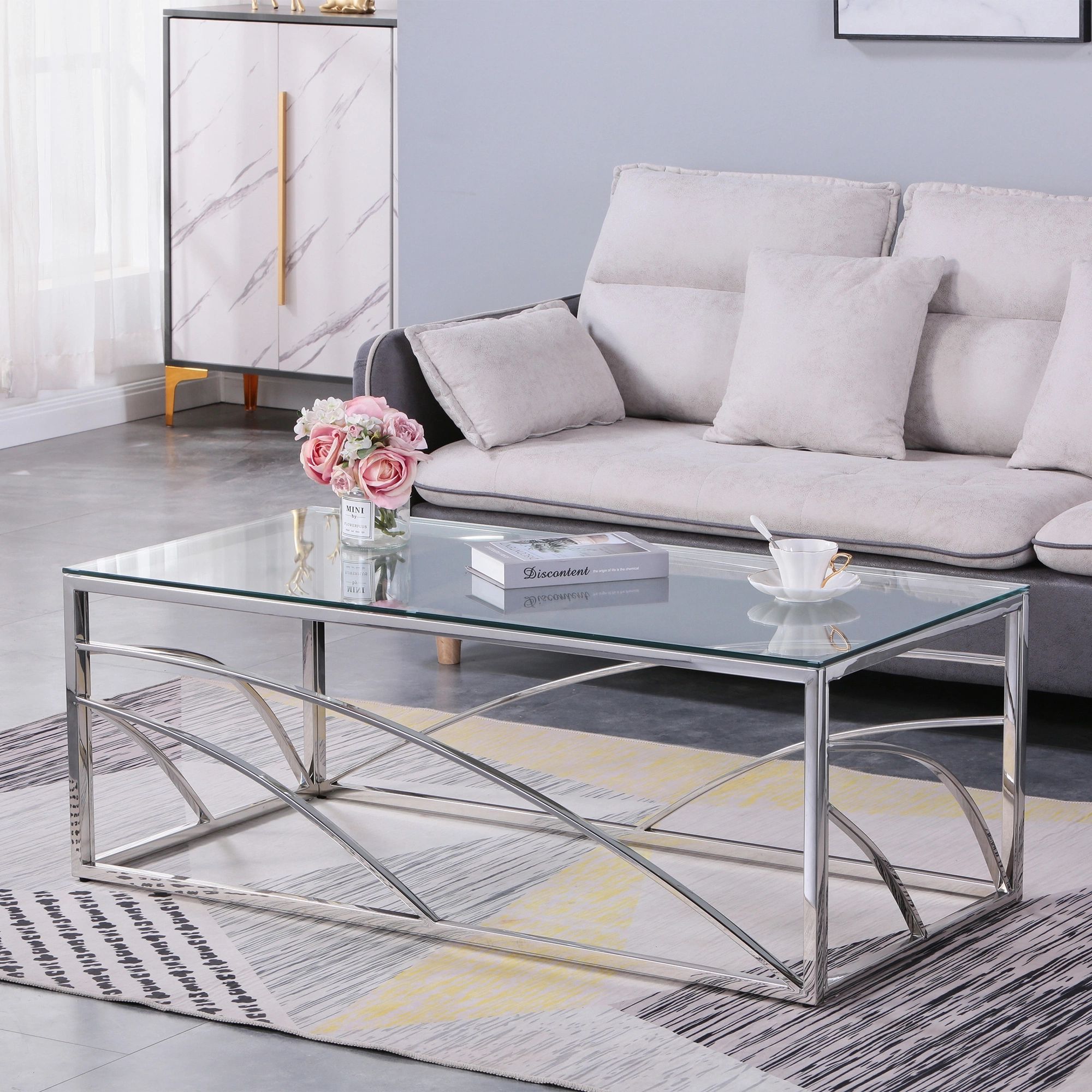 Dropship Stainless Steel Rectangular Accent Glass Coffee Table For Living  Room   (View 13 of 15)
