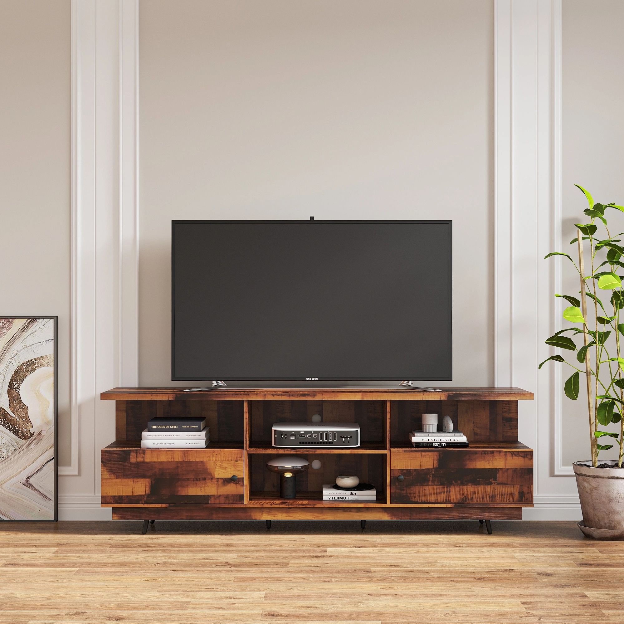 Dropship Tv Stand Modern Wood Media Entertainment Center Console Table With 2  Doors And 4 Open Shelves To Sell Online At A Lower Price | Doba Inside Tv Stands With 2 Doors And 2 Open Shelves (View 12 of 15)