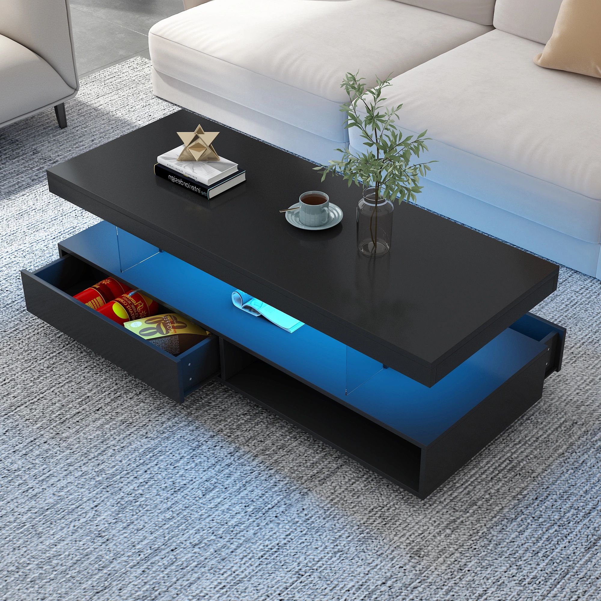 Dropship U Can Led Coffee Table With Storage, Modern Center Table With 2  Drawers And Display Shelves, Accent Furniture With Led Lights For Living  Room,Black To Sell Online At A Lower Price | For Rectangular Led Coffee Tables (View 15 of 15)