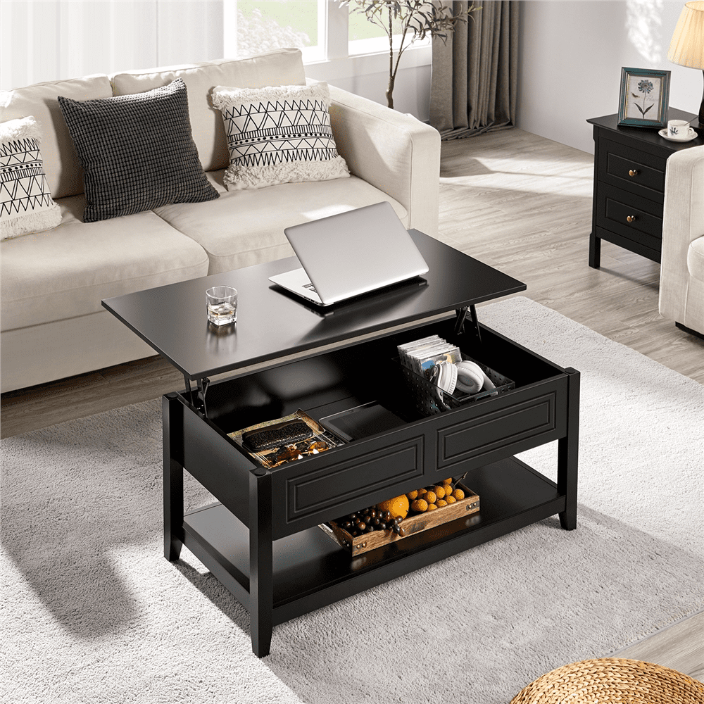 Easyfashion Wooden Lift Top Coffee Table With Hidden Storage And Bottom  Shelf, Black – Walmart Throughout Lift Top Coffee Tables With Storage (View 2 of 15)