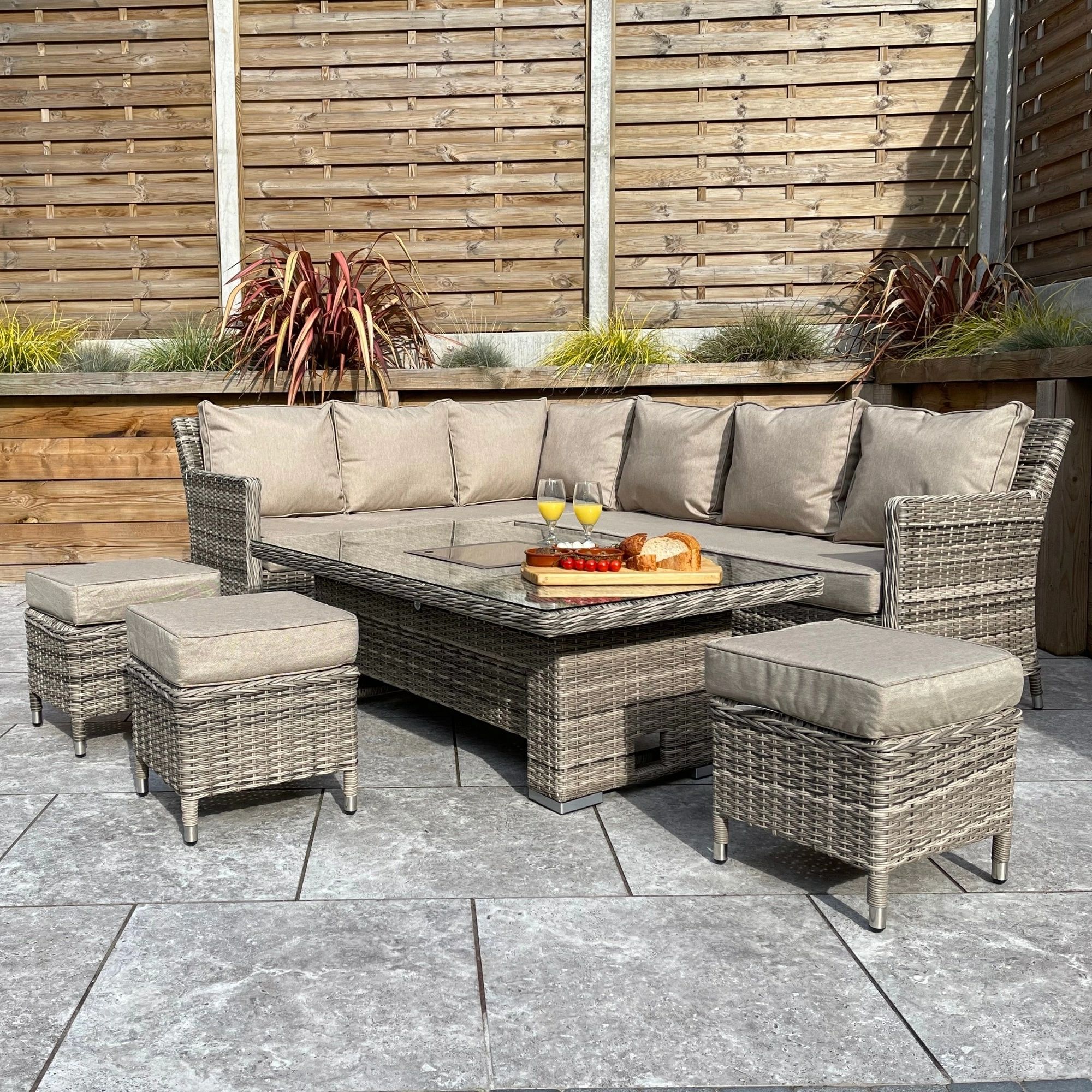 Edwina – Outdoor – Grey Double Half Round Weave – Corner Dining Sofa With  Ice Bucket Lift Table And 3 Stools – Uv Treated Wicker Within Outdoor Half Round Coffee Tables (View 15 of 15)