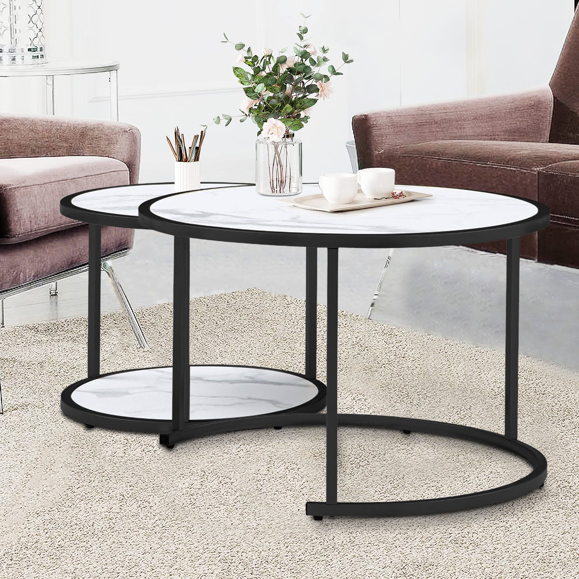 Everly Quinn 2 Pieces Modern Nesting Coffee Table, Round Wood Accent, Faux  Marble Mdf Top | Wayfair Intended For Modern Nesting Coffee Tables (Photo 11 of 15)