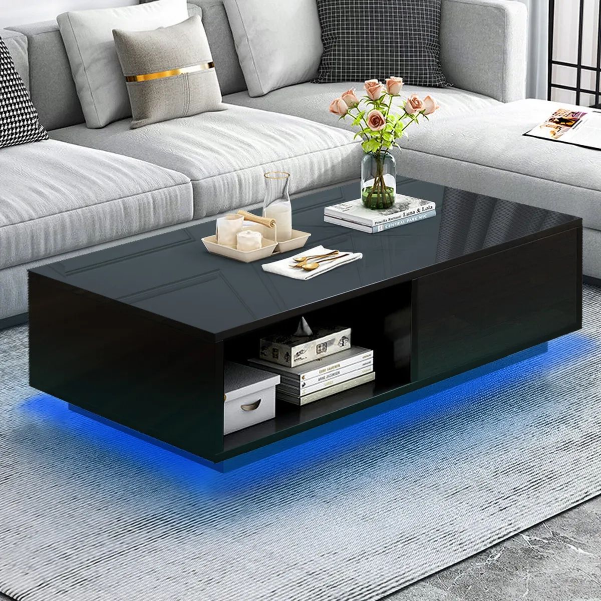 Extra Long 43" Black High Gloss Coffee Side Table 16Color Led Drawer Living  Room | Ebay Pertaining To High Gloss Black Coffee Tables (Photo 1 of 15)
