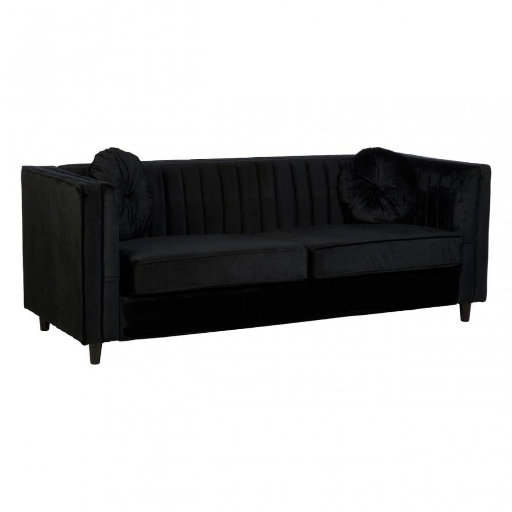 Farah 3 Seat Black Velvet Sofa, Eucalyptus Wood, Sponge, Wood, Black |  Clanbay Inside Black Velvet Sofas (Photo 4 of 15)