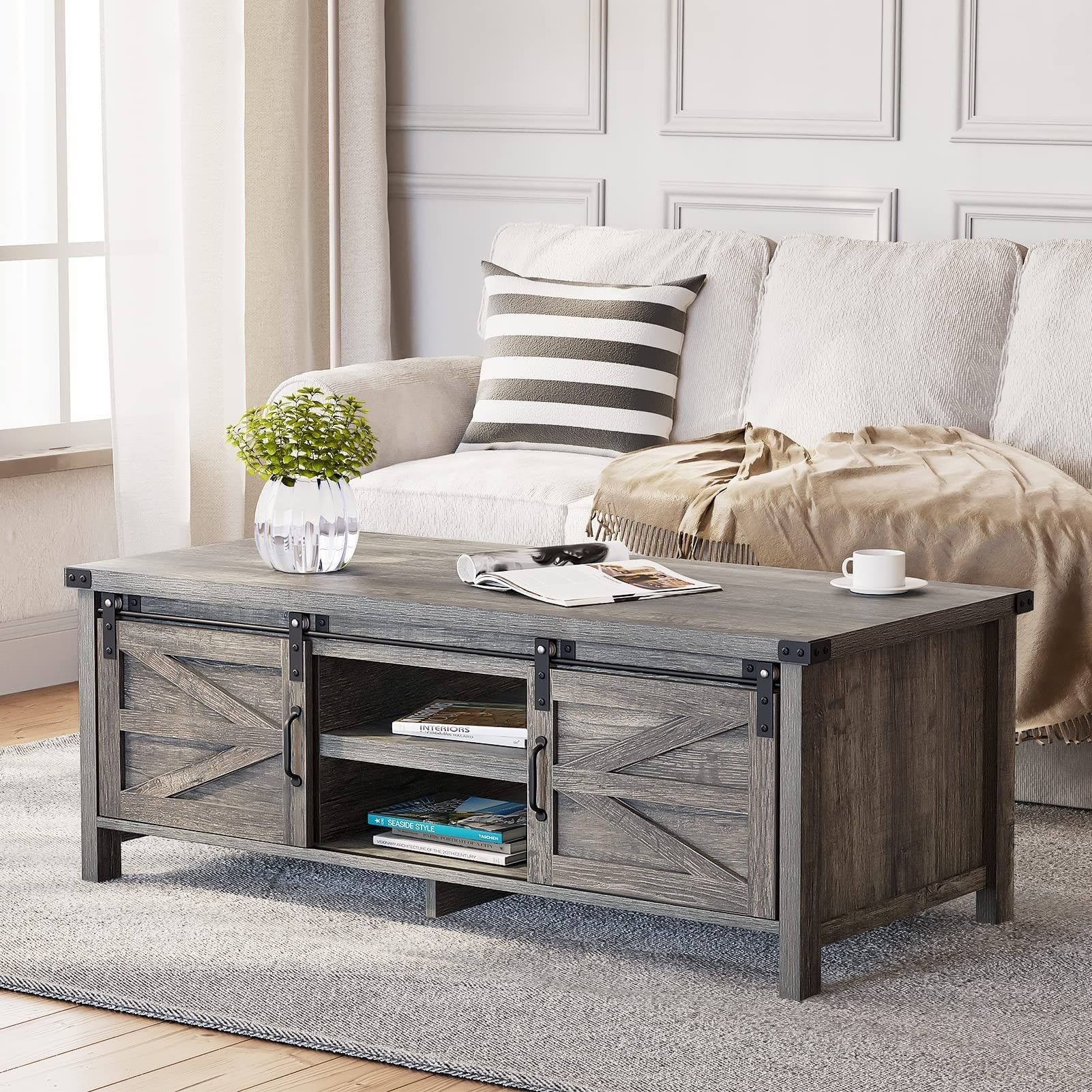 Farmhouse Coffee Table With Sliding Barn Doors & Storage, Grey Rustic  Wooden Center Rectangular Tables – Bed Bath & Beyond – 37841722 Within Coffee Tables With Storage And Barn Doors (View 2 of 15)
