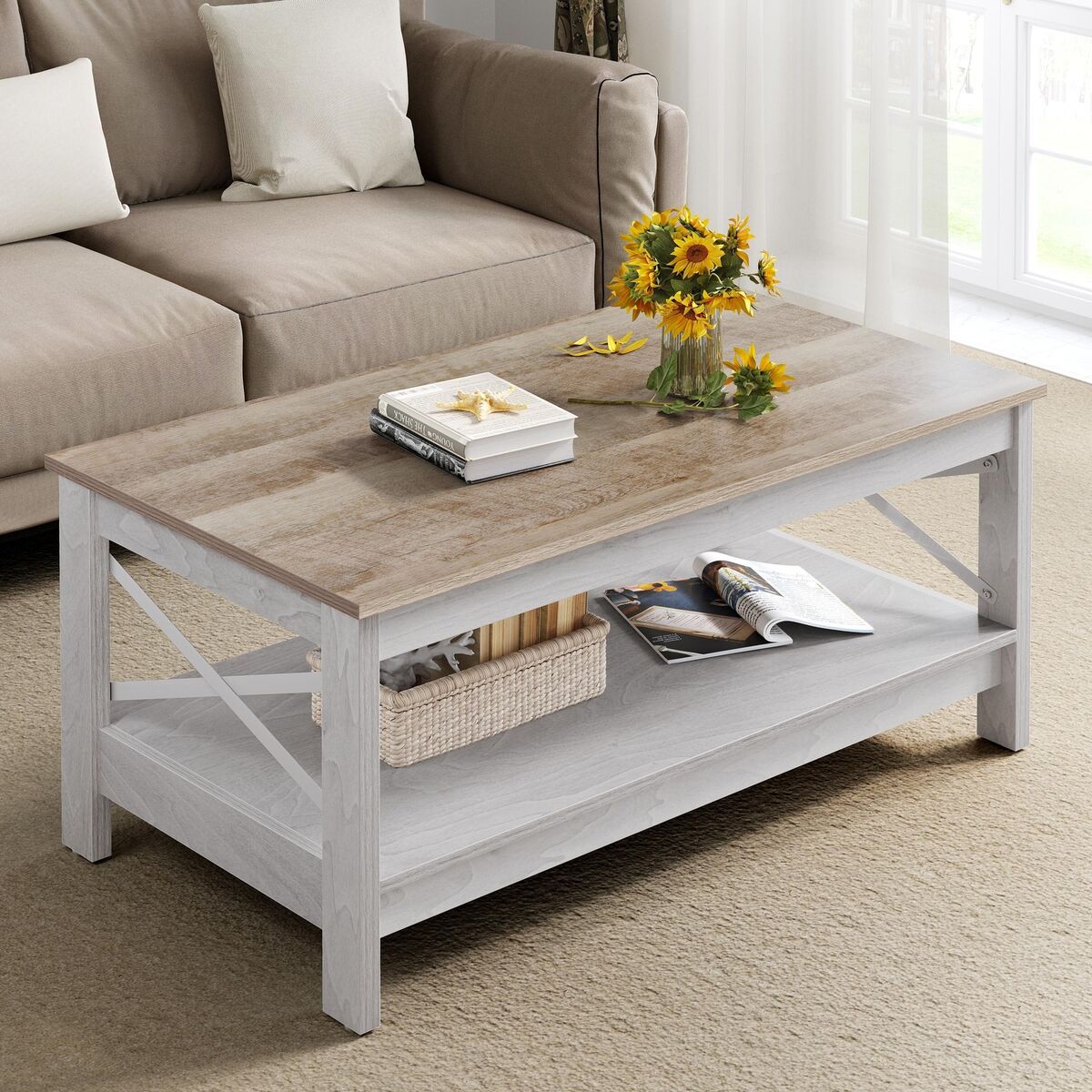 Farmhouse Coffee Table With Storage 2 Tier Center Cocktail Table Living Room  | Ebay With Living Room Farmhouse Coffee Tables (View 8 of 15)