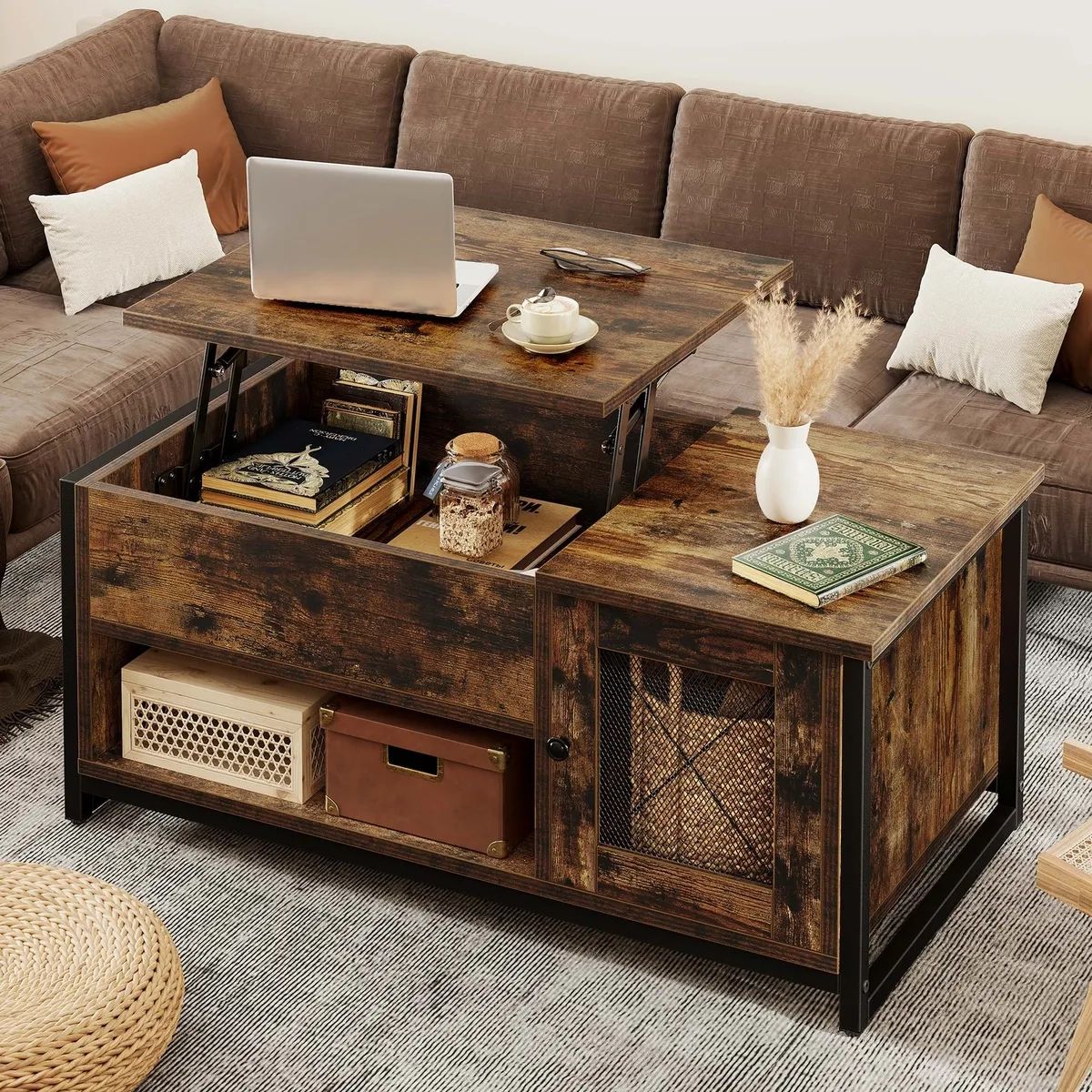 Farmhouse Lift Top Coffee Table With Hidden Compartment And Storage Shelf  Brown | Ebay For Lift Top Coffee Tables With Shelves (View 7 of 15)