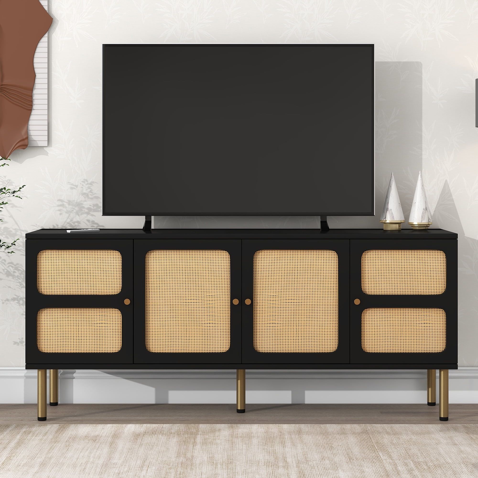 Farmhouse Rattan Tv Stand For 70 Inch Tv, Boho Style Tv Stand With Rattan  Door, Woven Media Console Table, Country Style Design Side Board With Gold  Metal Base For Living Room Bedroom, Pertaining To Farmhouse Rattan Tv Stands (View 7 of 15)