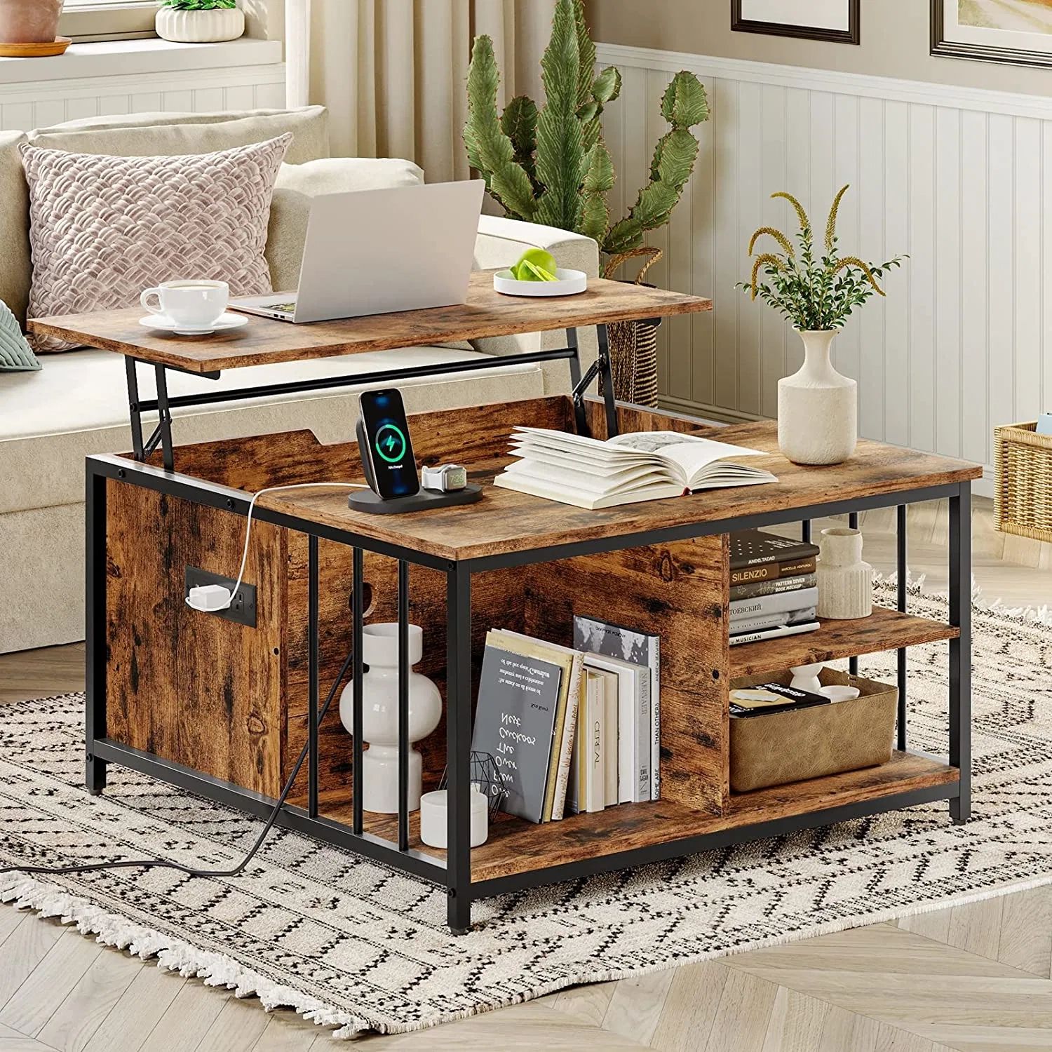 Farmhouse Square Lift Top Coffee Table With Storage And Hidden Compartment  Charging Station – China Coffee Table, Lift Top Coffee Table |  Made In China With Regard To Farmhouse Lift Top Tables (Photo 11 of 15)