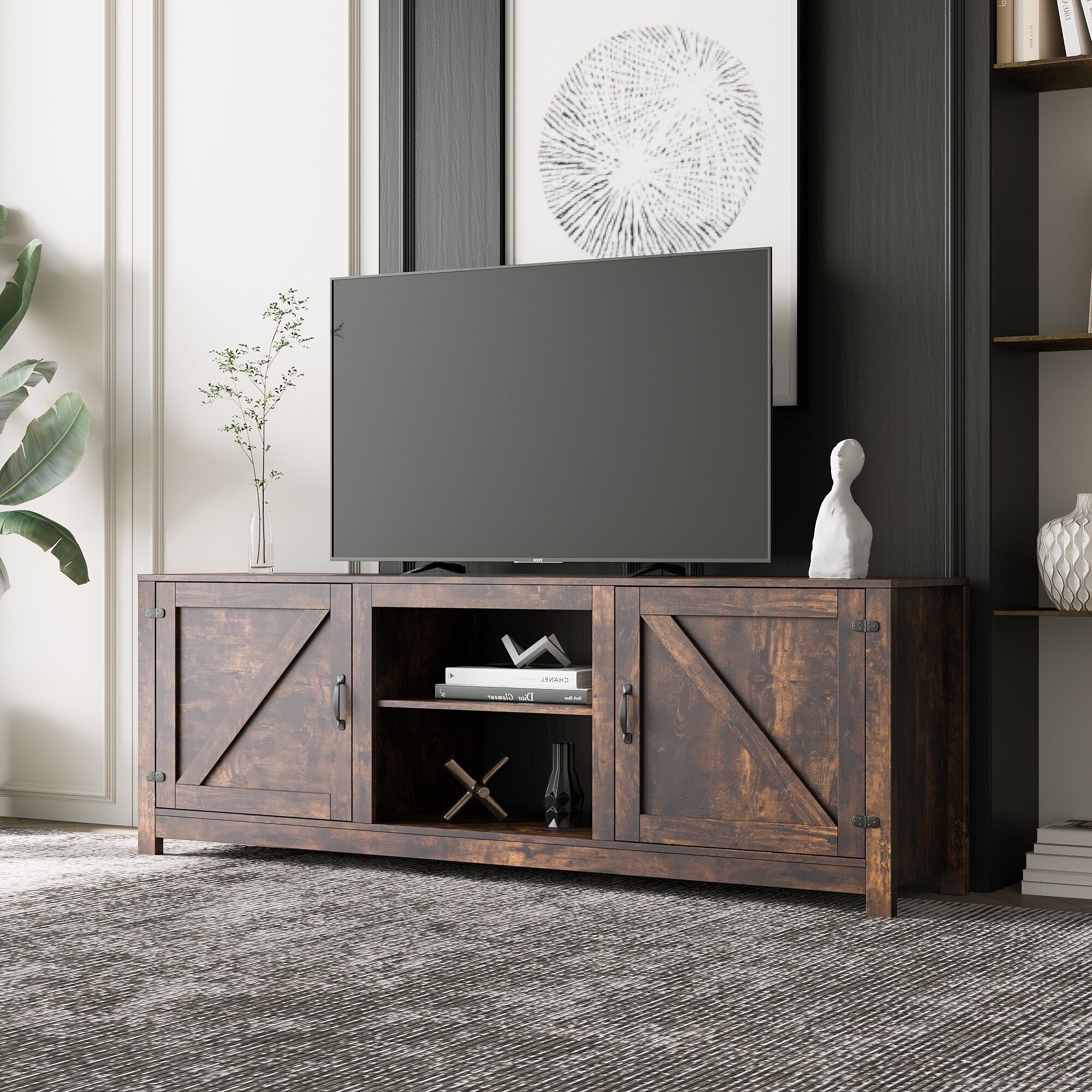 Farmhouse Style Tv Stand, Wood Entertainment Center Media Console With 2  Shelves 2 Drawers – Bed Bath & Beyond – 37853671 In Farmhouse Media Entertainment Centers (View 9 of 15)